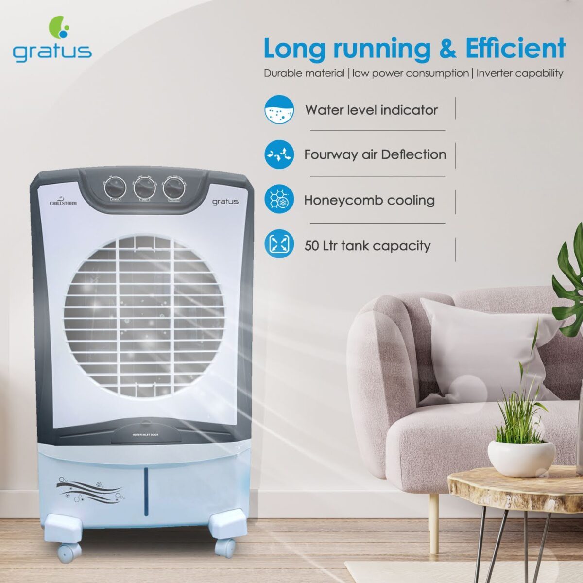 Gratus 50L Chill Storm Desert Air Cooler with Four Way Air Deflection image 2
