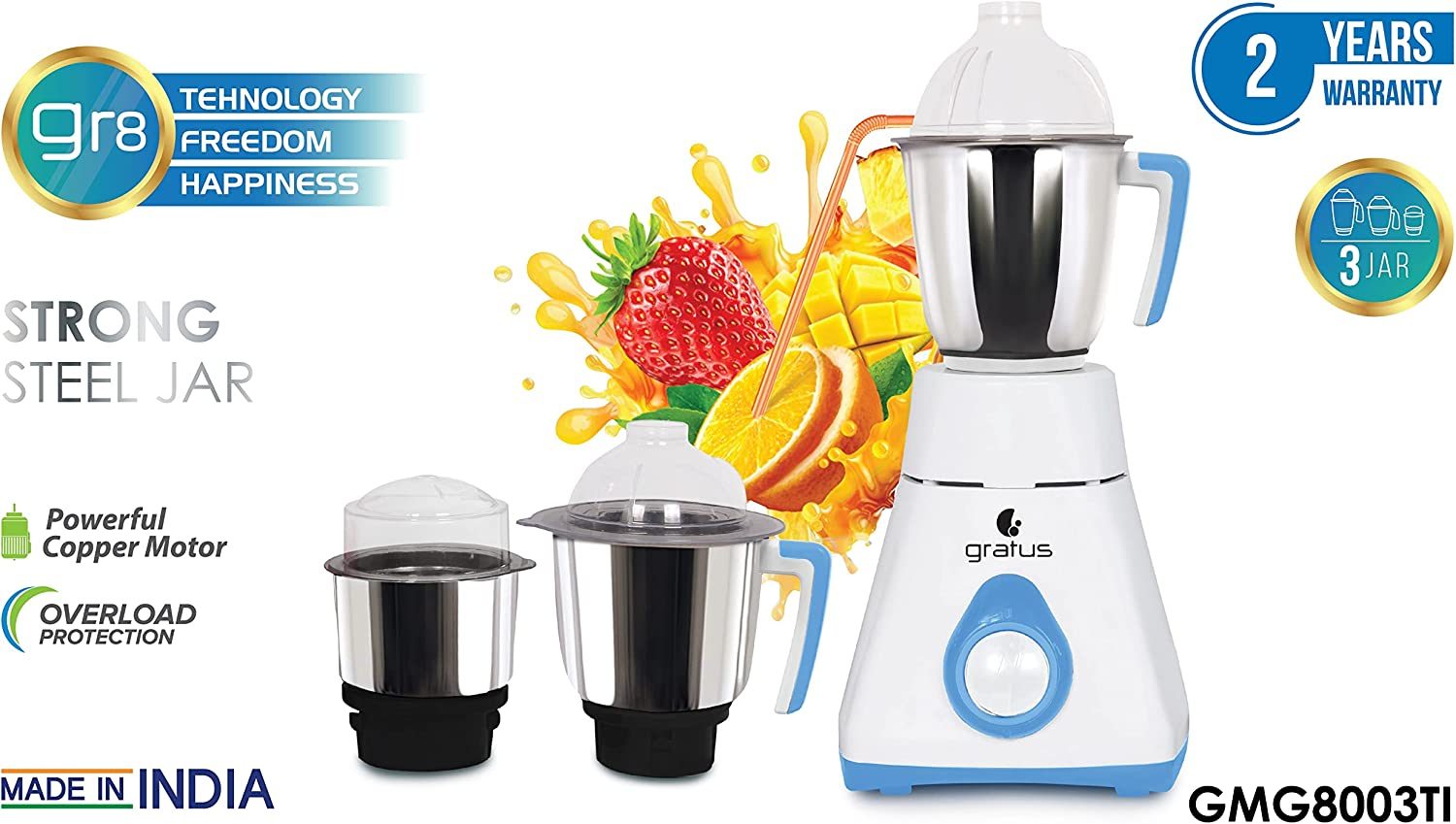 Gratus 800W Mixer Grinder with 3 Stainless Steel Jars image 7