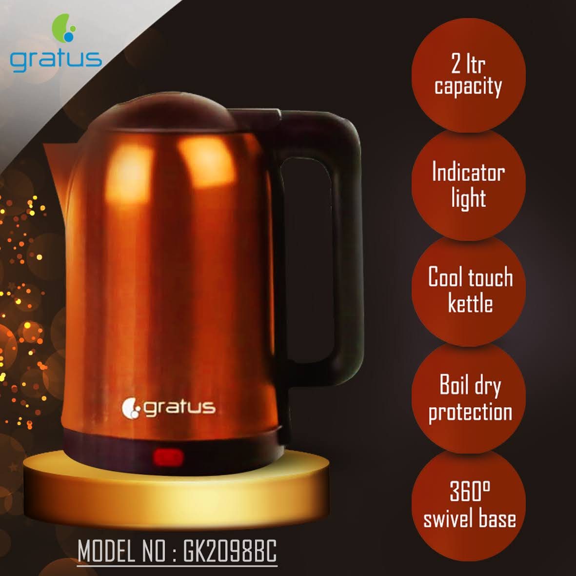 Gratus 2L Copper-Coated Stainless Steel Electric Kettle with 360° Cordless Base product detail image