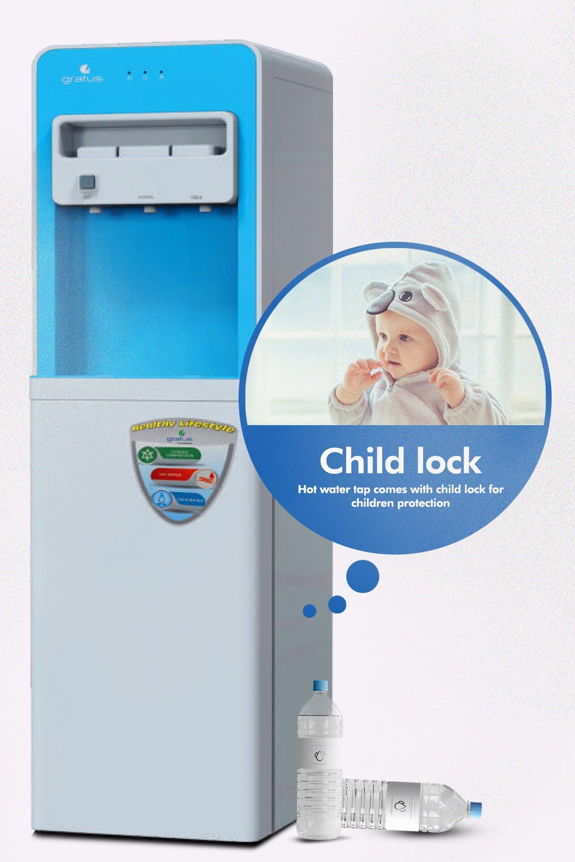 Gratus Hot & Cold 3 Tap Floor Standing Top Loading Water Dispenser with Storage Cabinet | Hot image 5