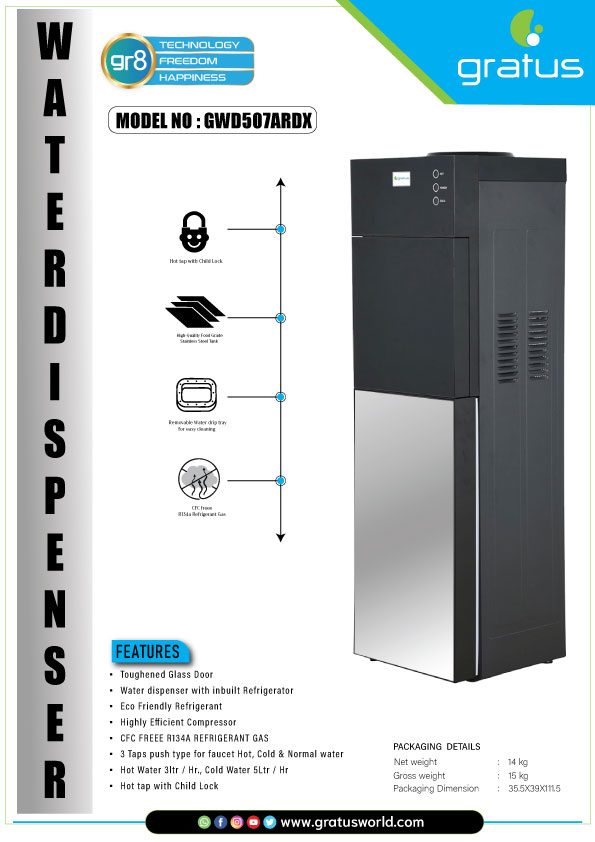 Gratus Glass Door Top Load Floor Standing 3 Tap Water Dispenser With Inbuilt Refrigerator (Glass Panel SILVER & BLACK) image 3