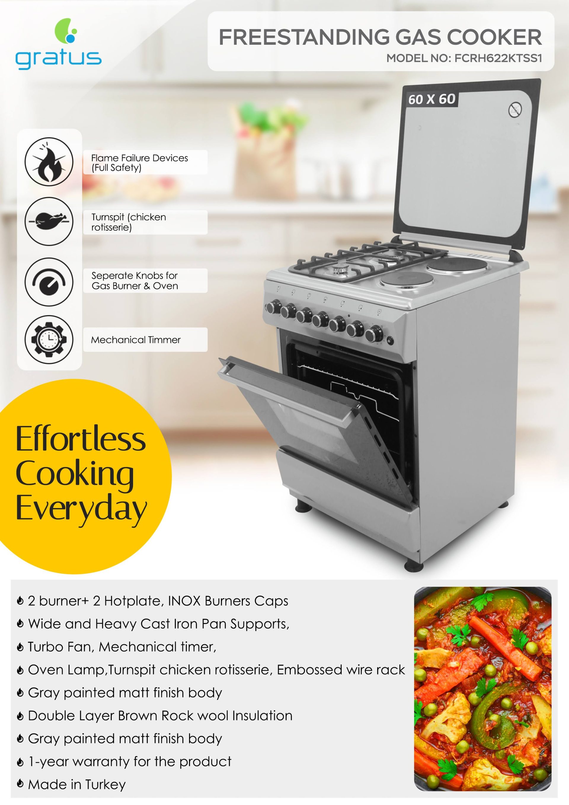 Gratus 60×60 Free Standing Gas Cooker with 2 burner+ 2Hotplate; Turbo Fan image 5