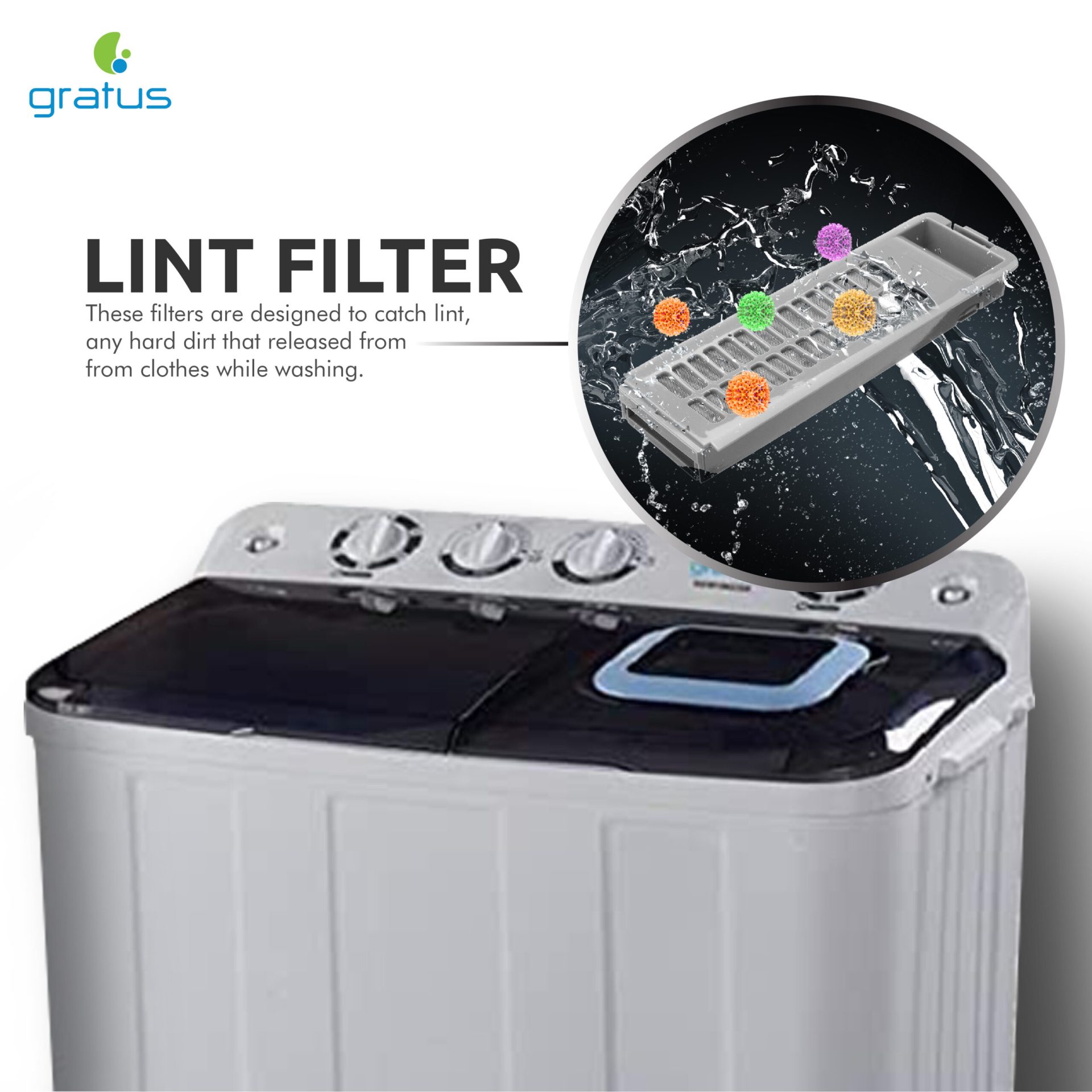 Gratus 7 KG Giant Series Semi-Automatic Top Load Twin Tub Washing Machine (White/Transparent Black) – GSW7KCDX image 3