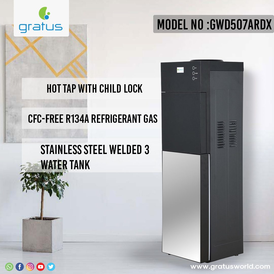 Gratus Glass Door Top Load Floor Standing 3 Tap Water Dispenser With Inbuilt Refrigerator (Glass Panel SILVER & BLACK) image 4