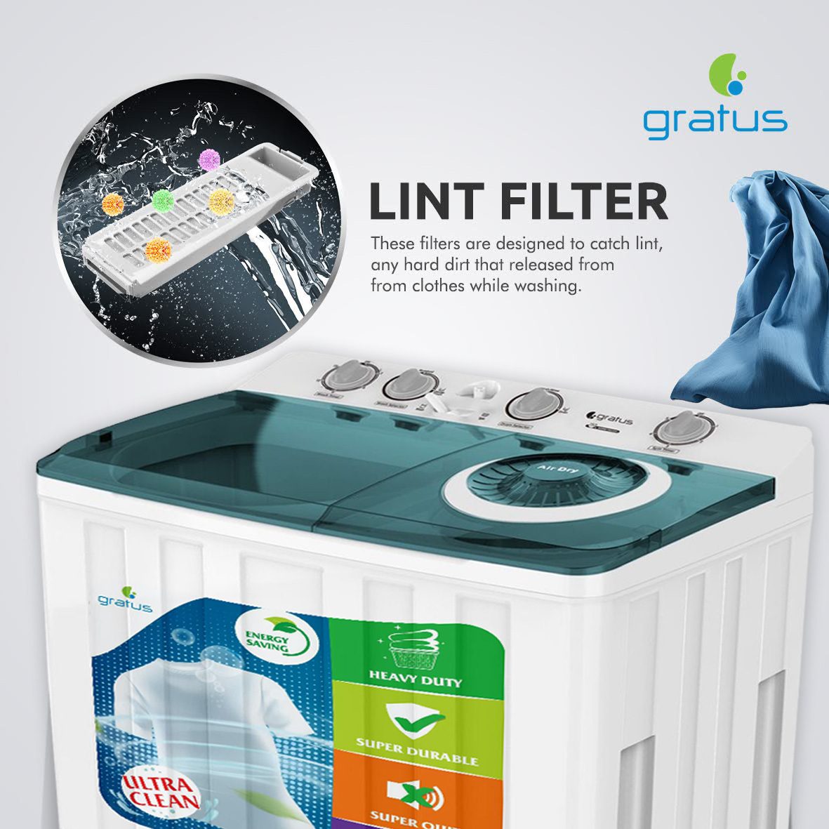 Gratus 15 KG Top Load Semi-Automatic Washing Machine (White) image 6