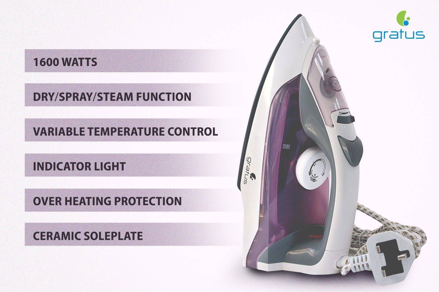 Gratus 1600W Steam Iron with Ceramic Soleplate – GSI1600UC product detail image