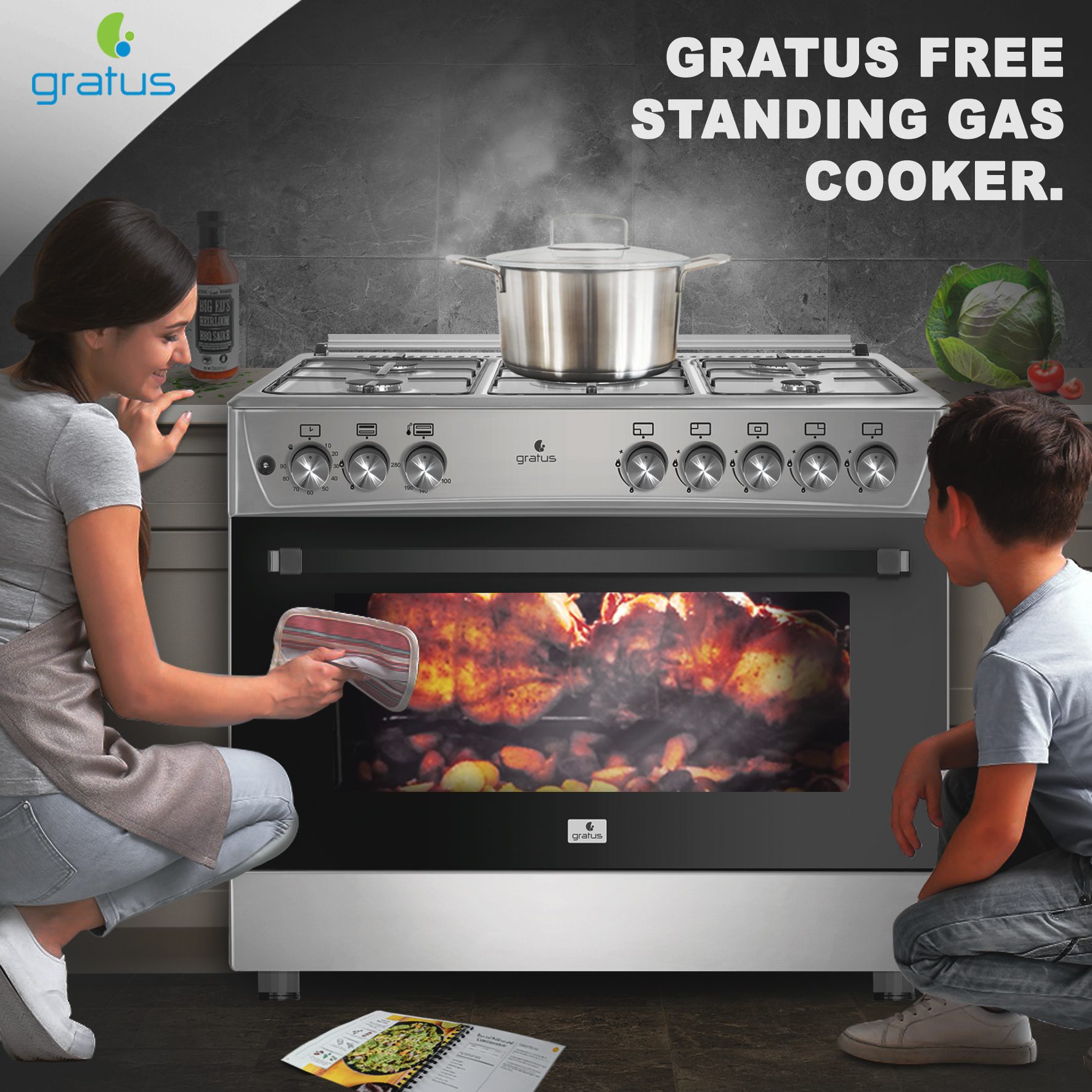 Gratus 90×60cm 5 Burner Free Standing Full Gas Cooker with XXL 147L Gas Oven image 7