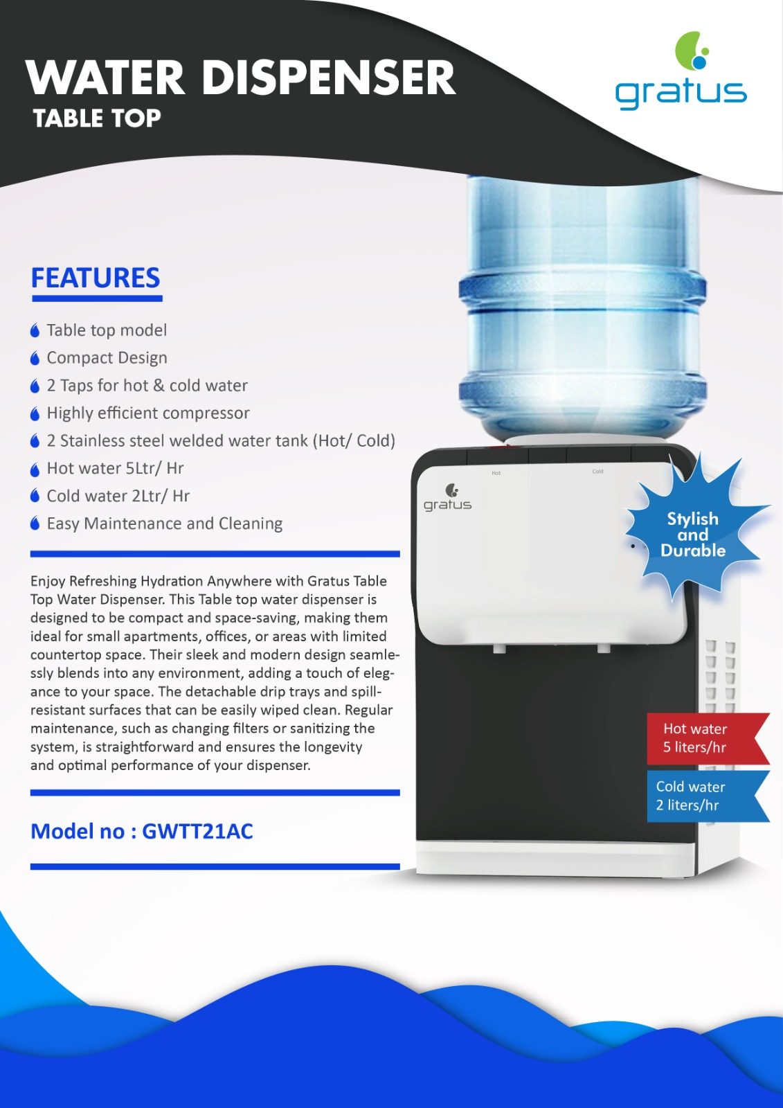 Gratus 2 Tap Hot & Cold Tabletop Water Dispenser | 1-Year Full & 2-Year Compressor Warranty | GWTT21AC product detail image
