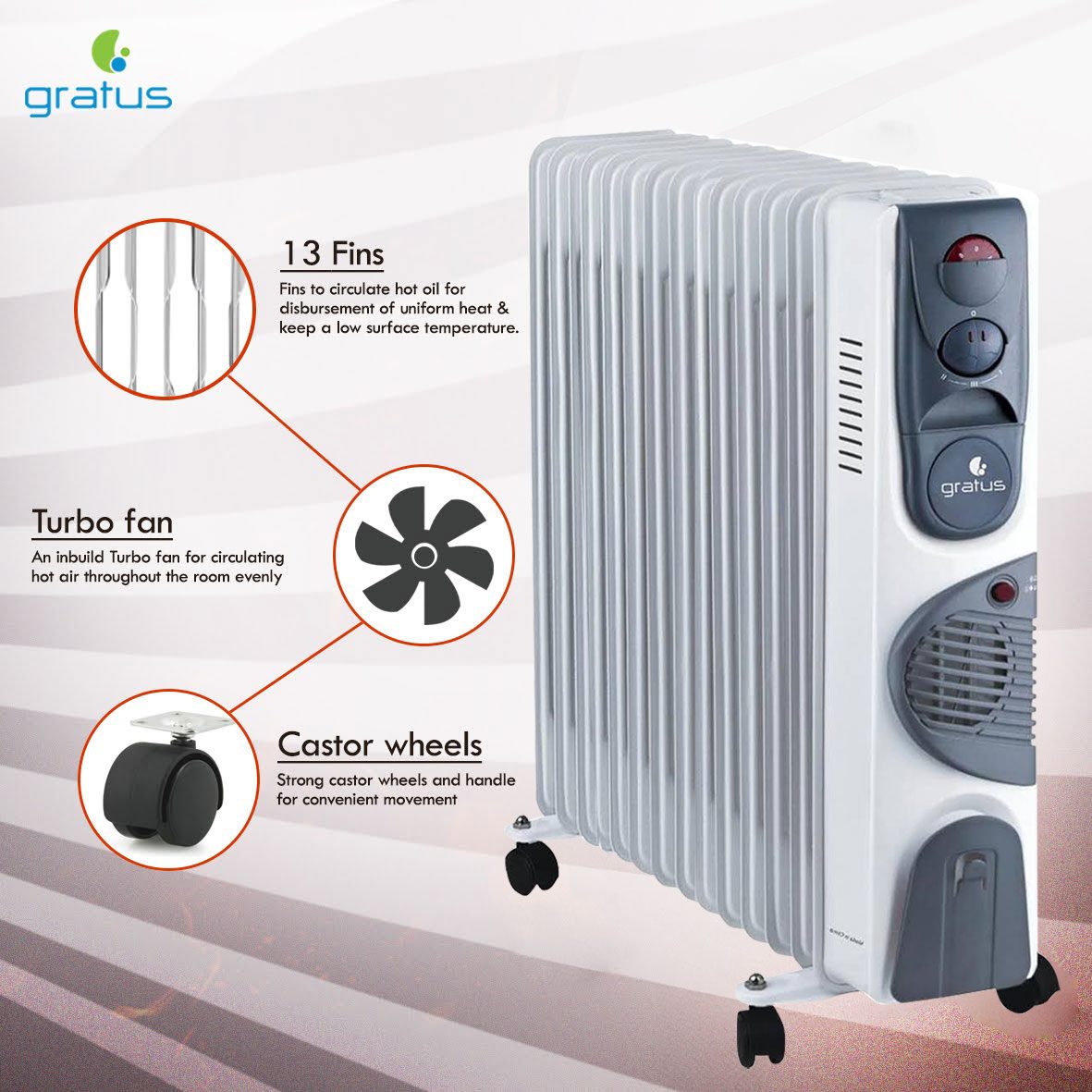 Gratus 13 Fins Oil Heater 2900W with Turbo Fan & Thermostat Control – GHT1329ATB image 4