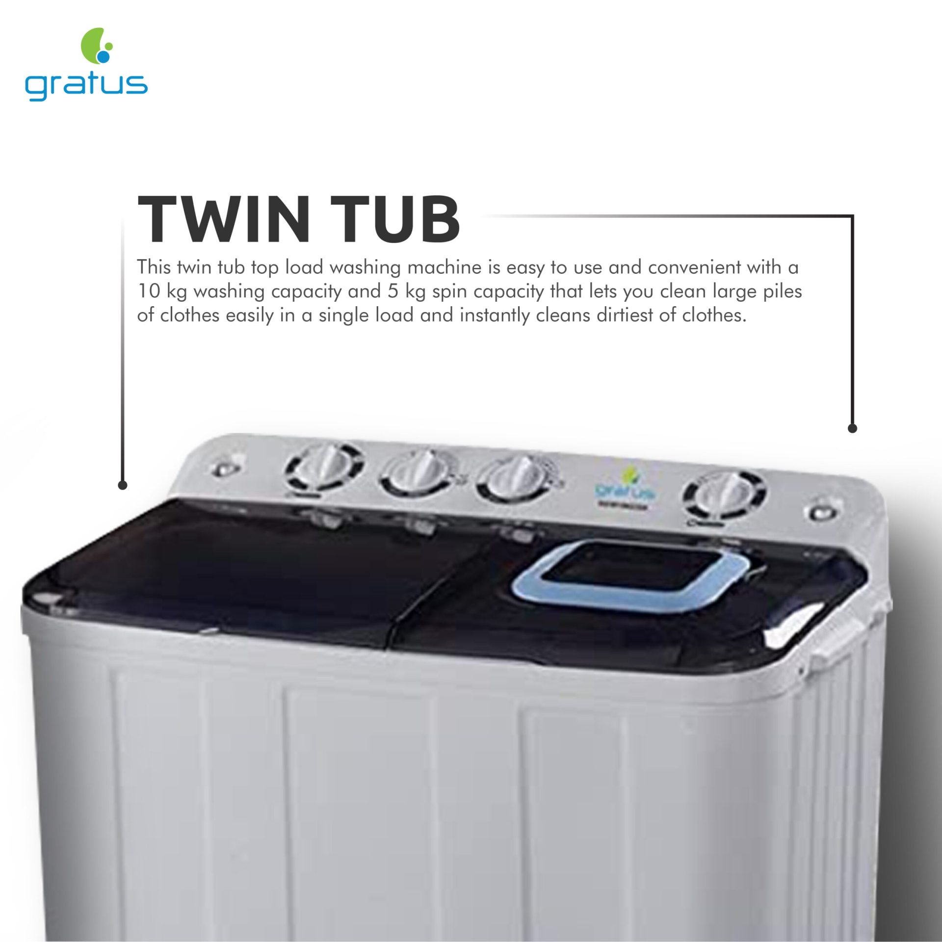 Gratus 12 KG Semi-Automatic Top Load Twin Tub Washing Machine (White/Transparent Black) – GSW12KCDX image 5