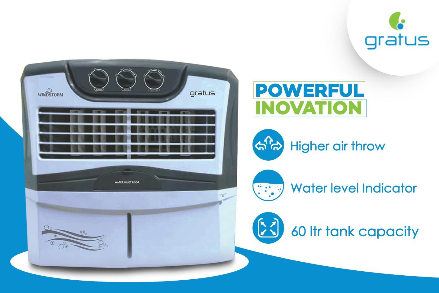 Gratus 60L WINDSTORM60 Air Cooler with Four-Way Air Deflection product detail image