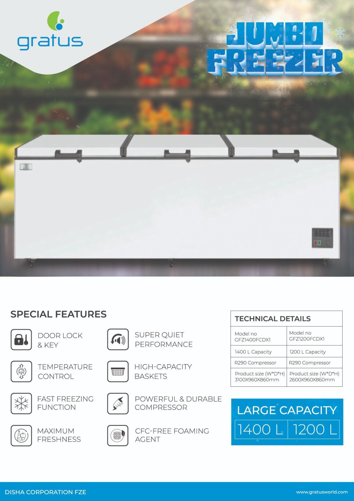 Gratus 1200L Super-Quiet Tropicalized Jumbo Chest Freezer with Triple Doors – GFZ1200FCDX1 - Chest Freezer by Gratus