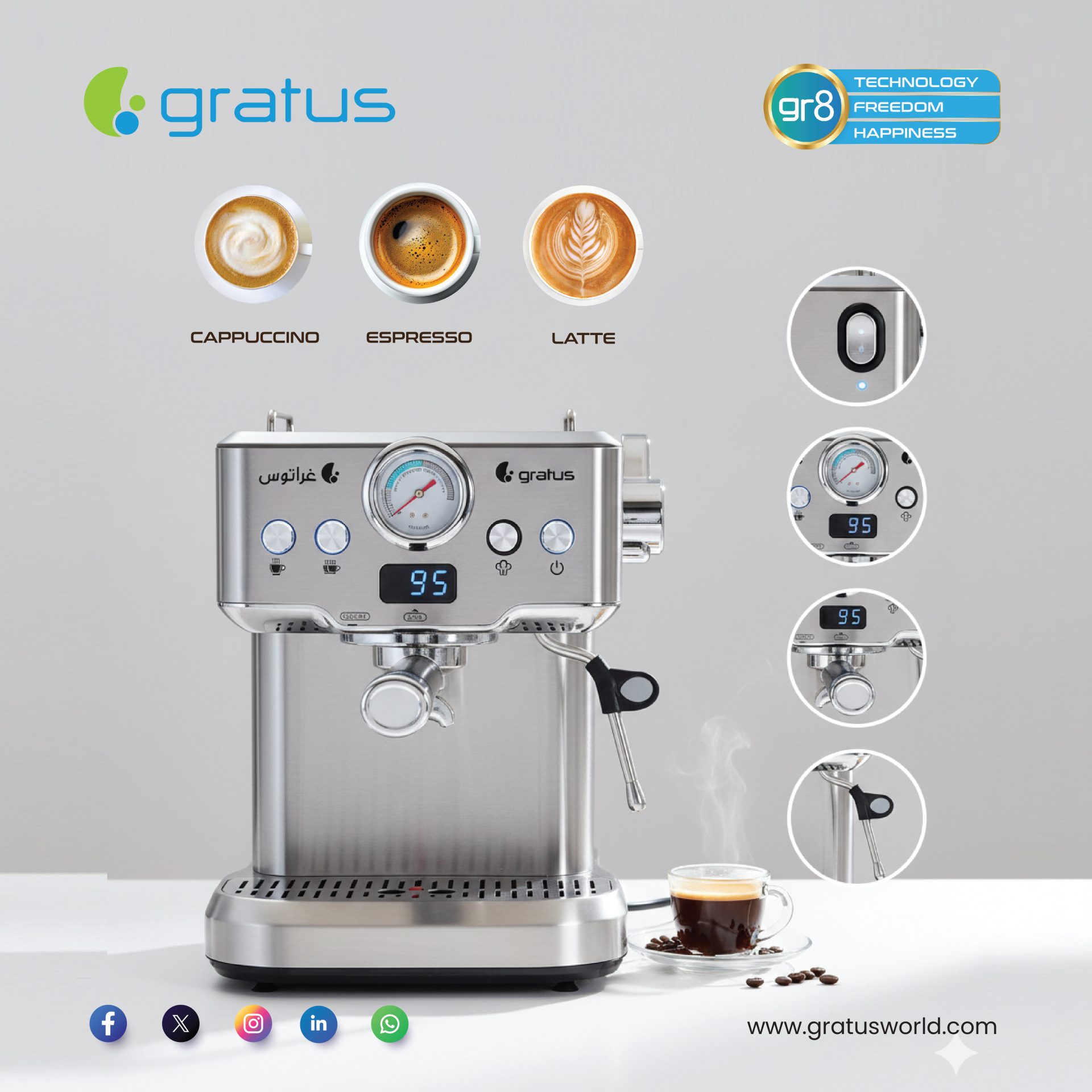 Gratus Barista Espresso Coffee Machine | 20-Bar Italian ULKA Pump | Milk Frother | 1.8L Water Tank | GCM918EXFS image 3