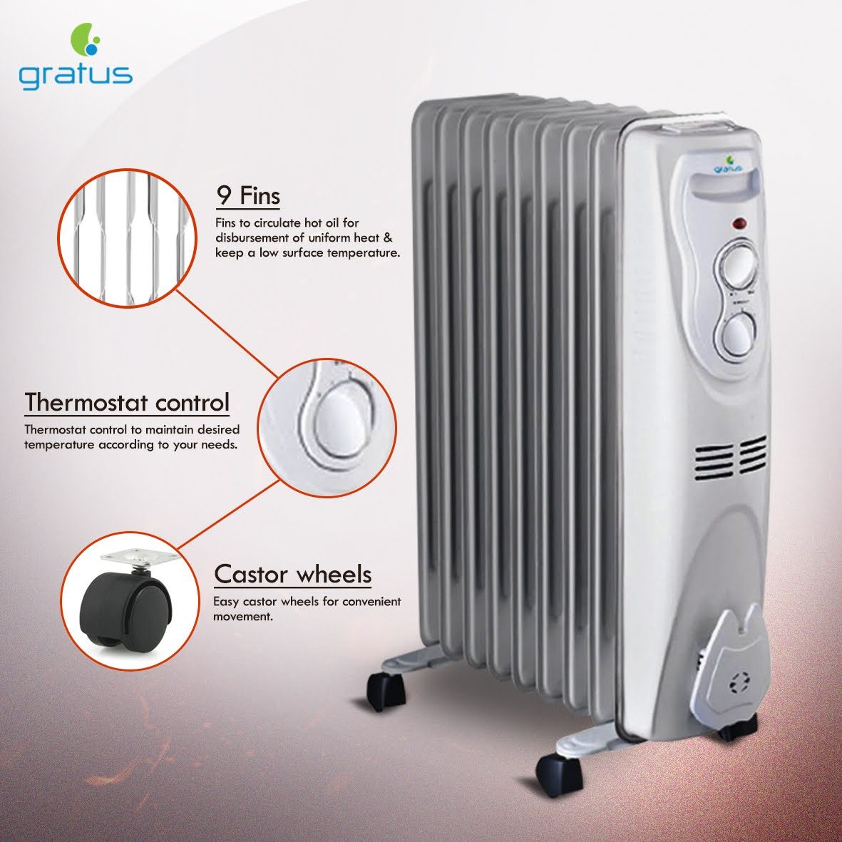 Gratus 2000W 9 Fins Oil Filled Heater (White) – GOH0920TC image 4