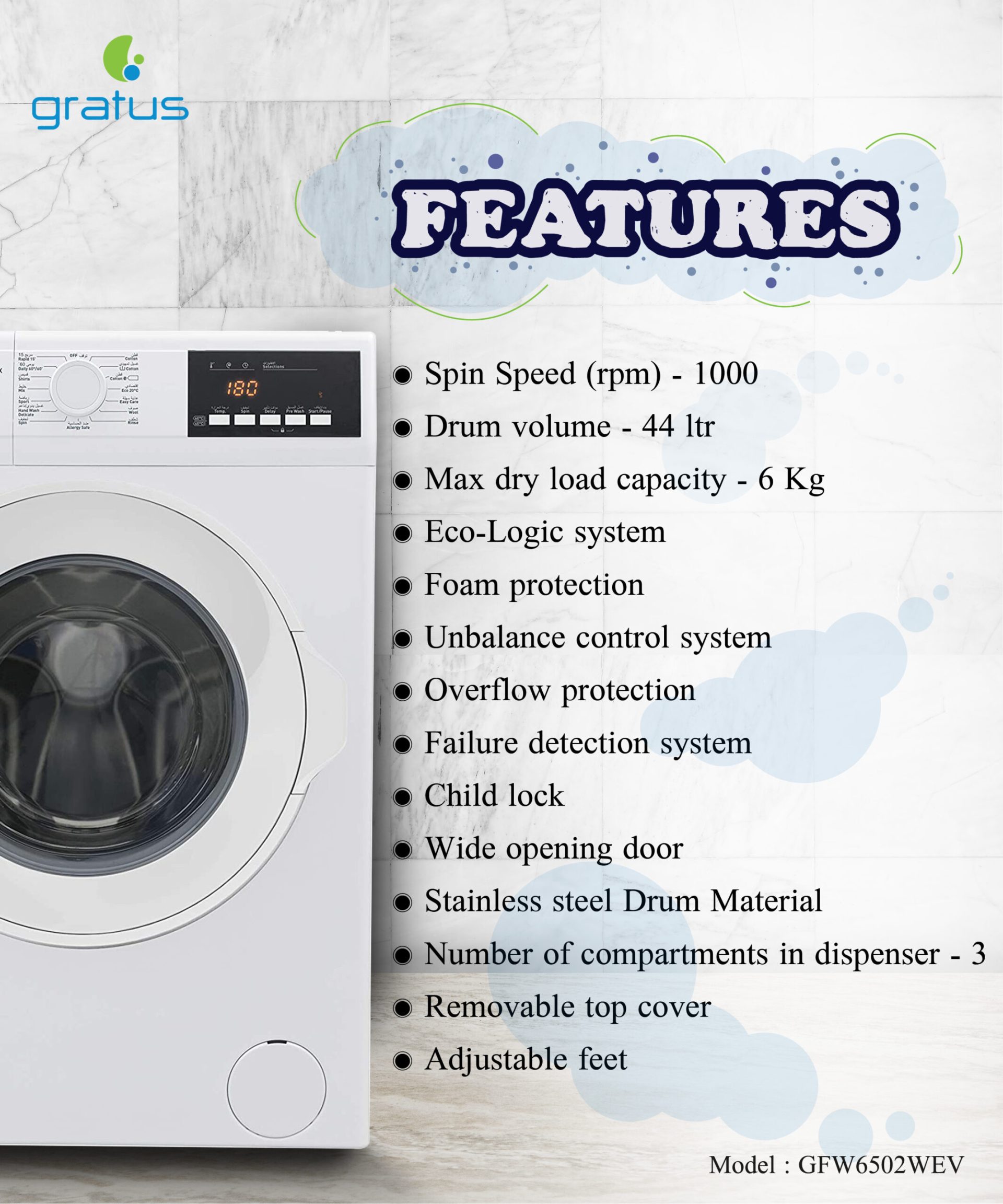 Gratus 7 KG Fully Automatic Top Load Washing Machine (White/Silver) – GTW7501KCDX product detail image