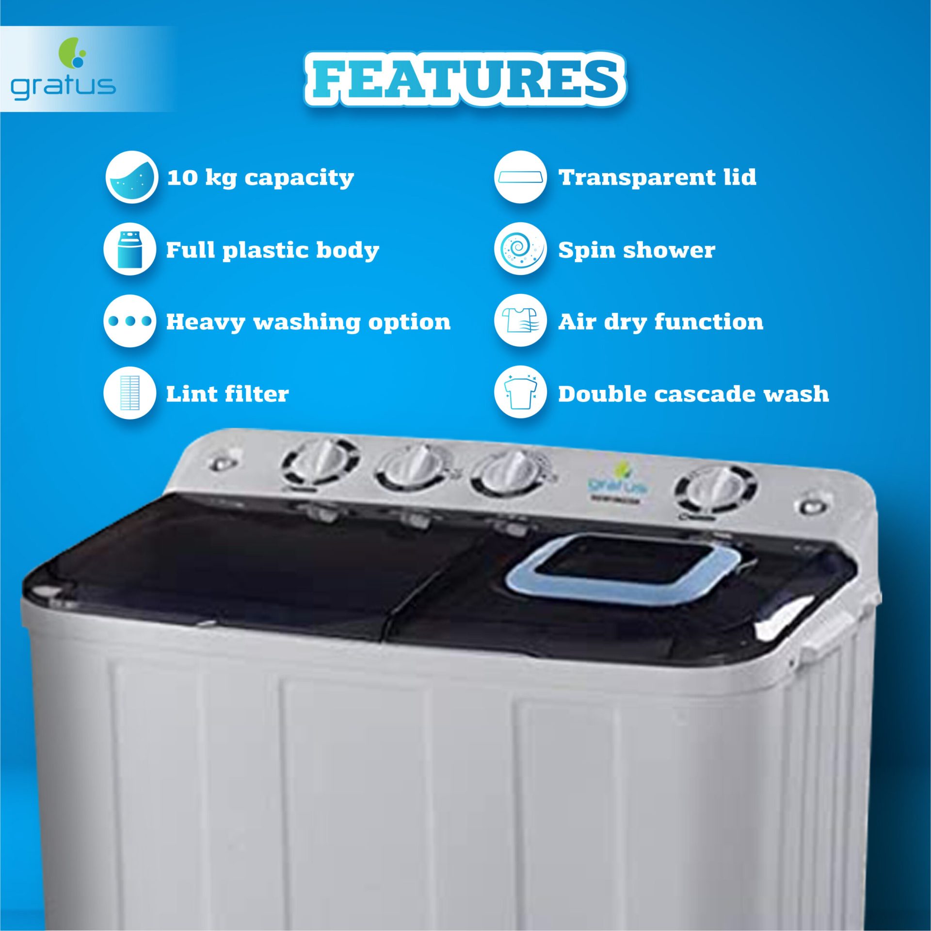 Gratus 10 KG Semi-Automatic Top Load Twin Tub Washing Machine – GSW10KCDX image 3