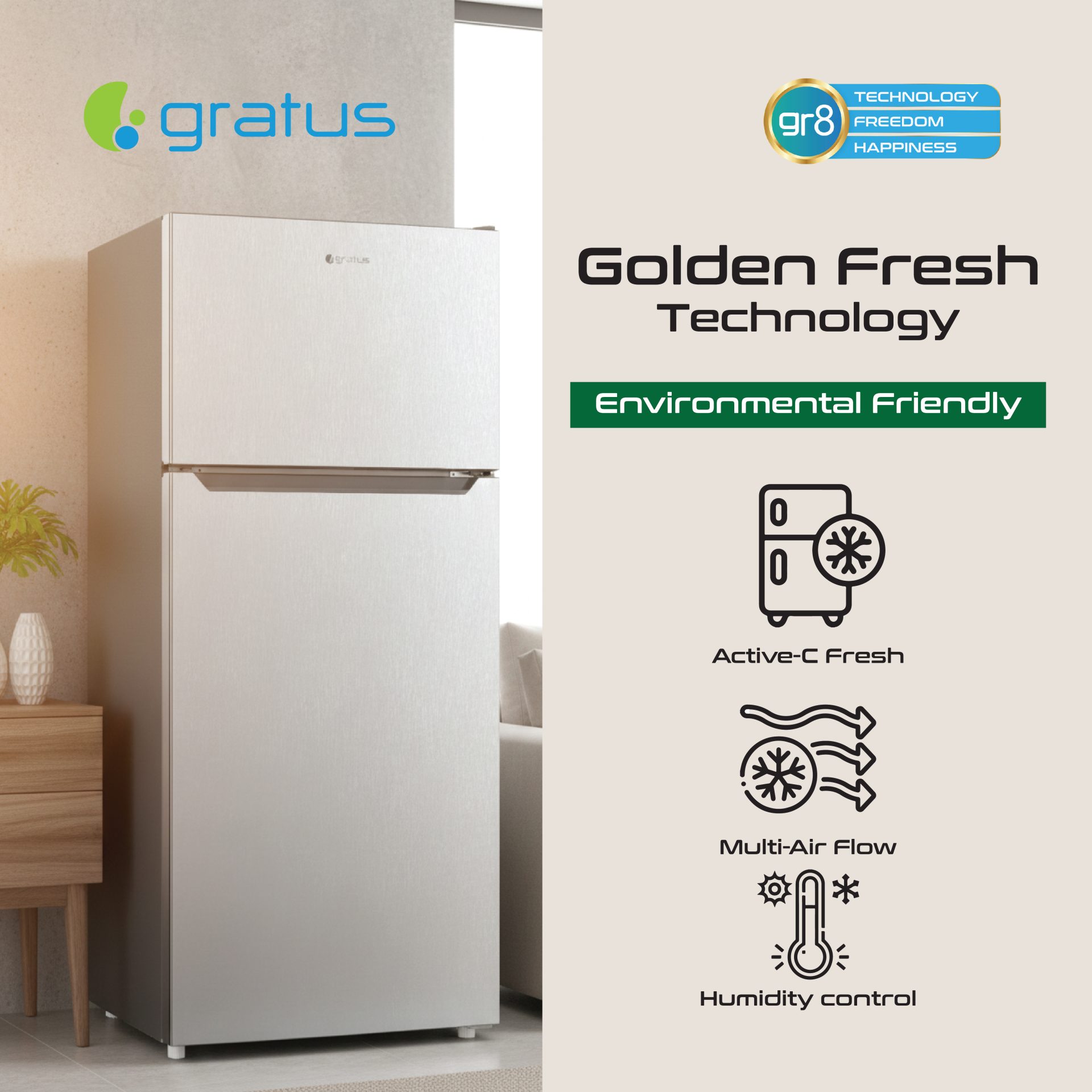 Gratus Golden Fresh Technology Convertible Frost Free Double Door Refrigerator image 3