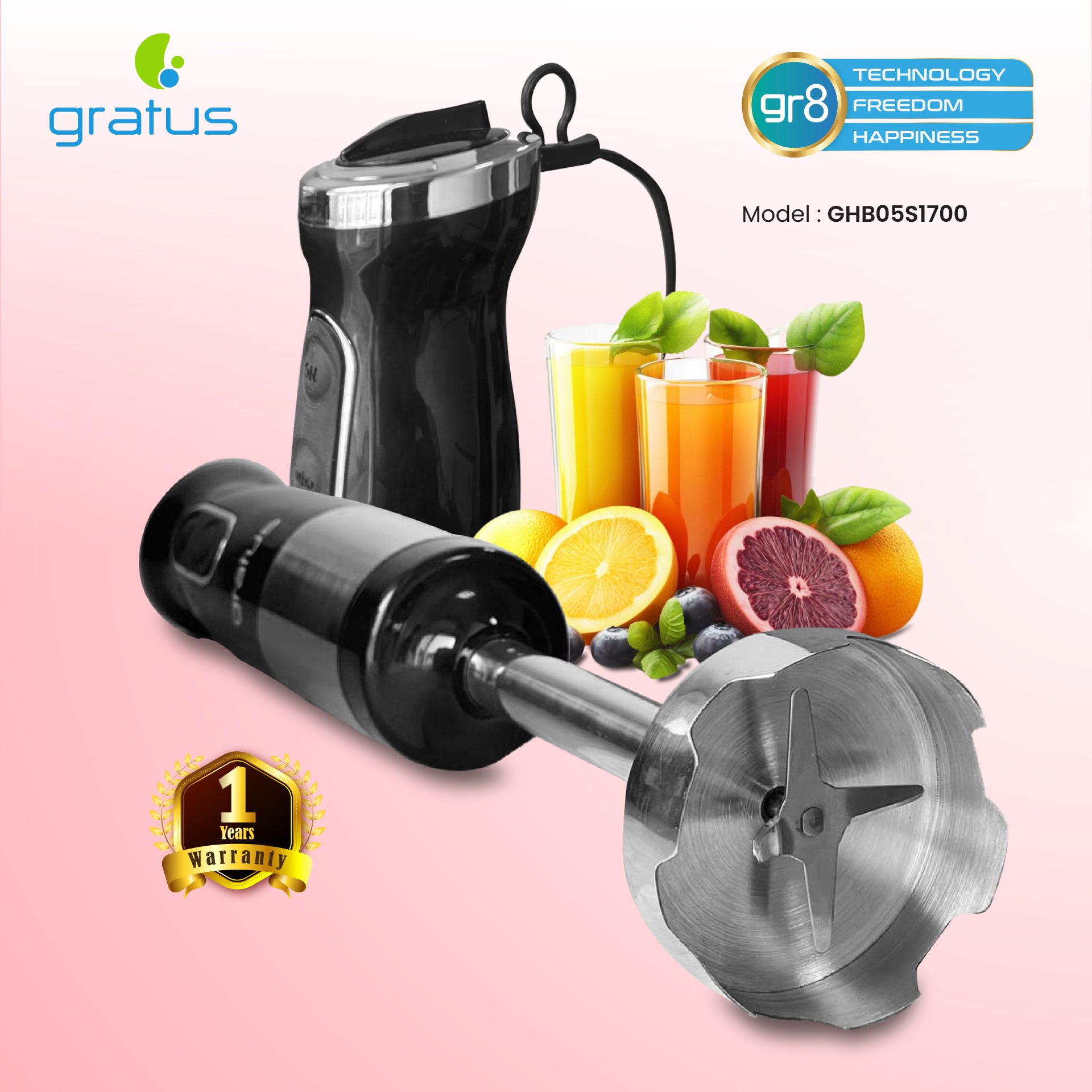 Gratus 1000W Hand Blender with Detachable Stainless Steel Rod | Model GHB05S1700 image 4