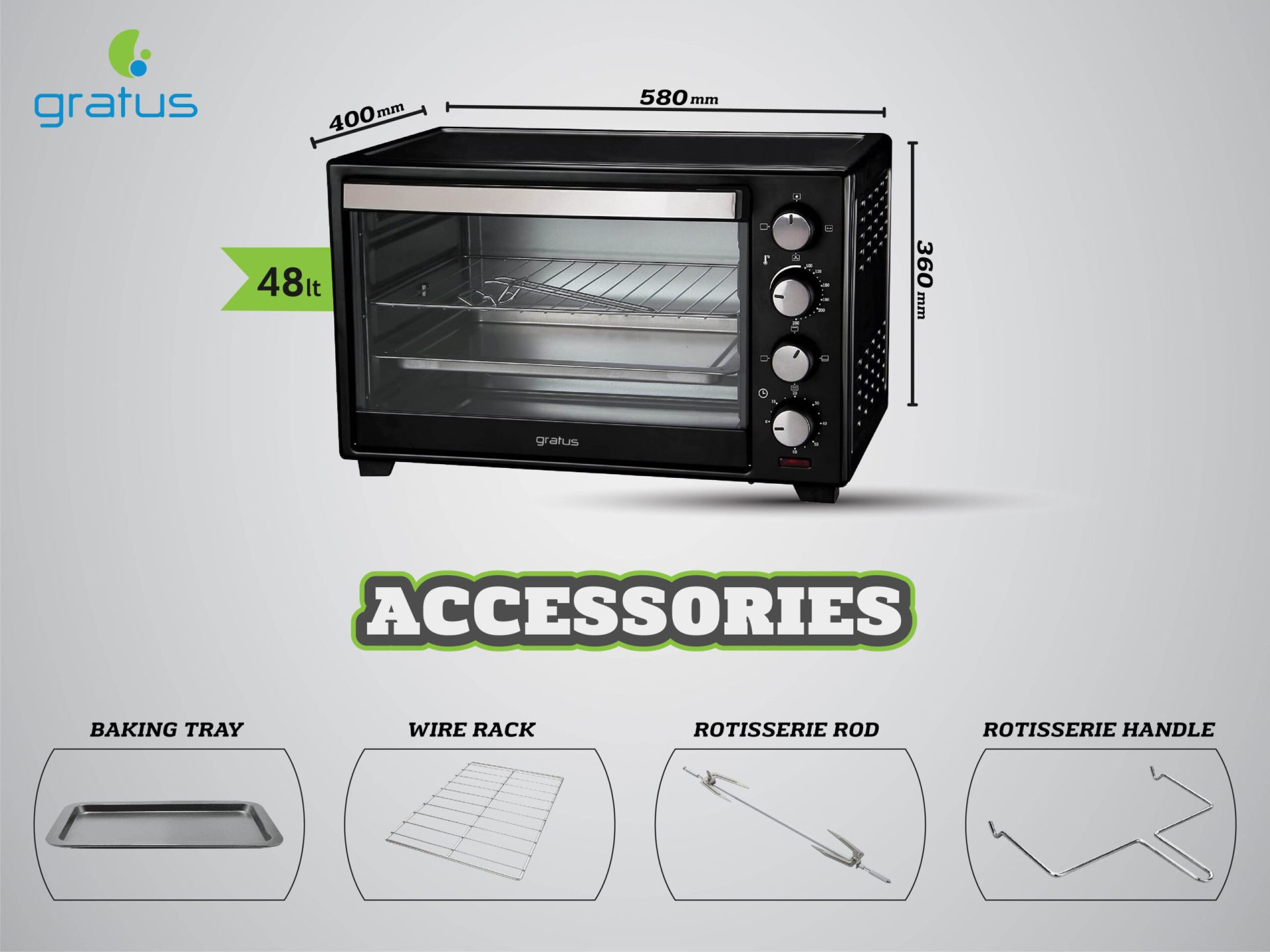 Gratus 48L Electric Oven Toaster Grill with Rotisserie image 5
