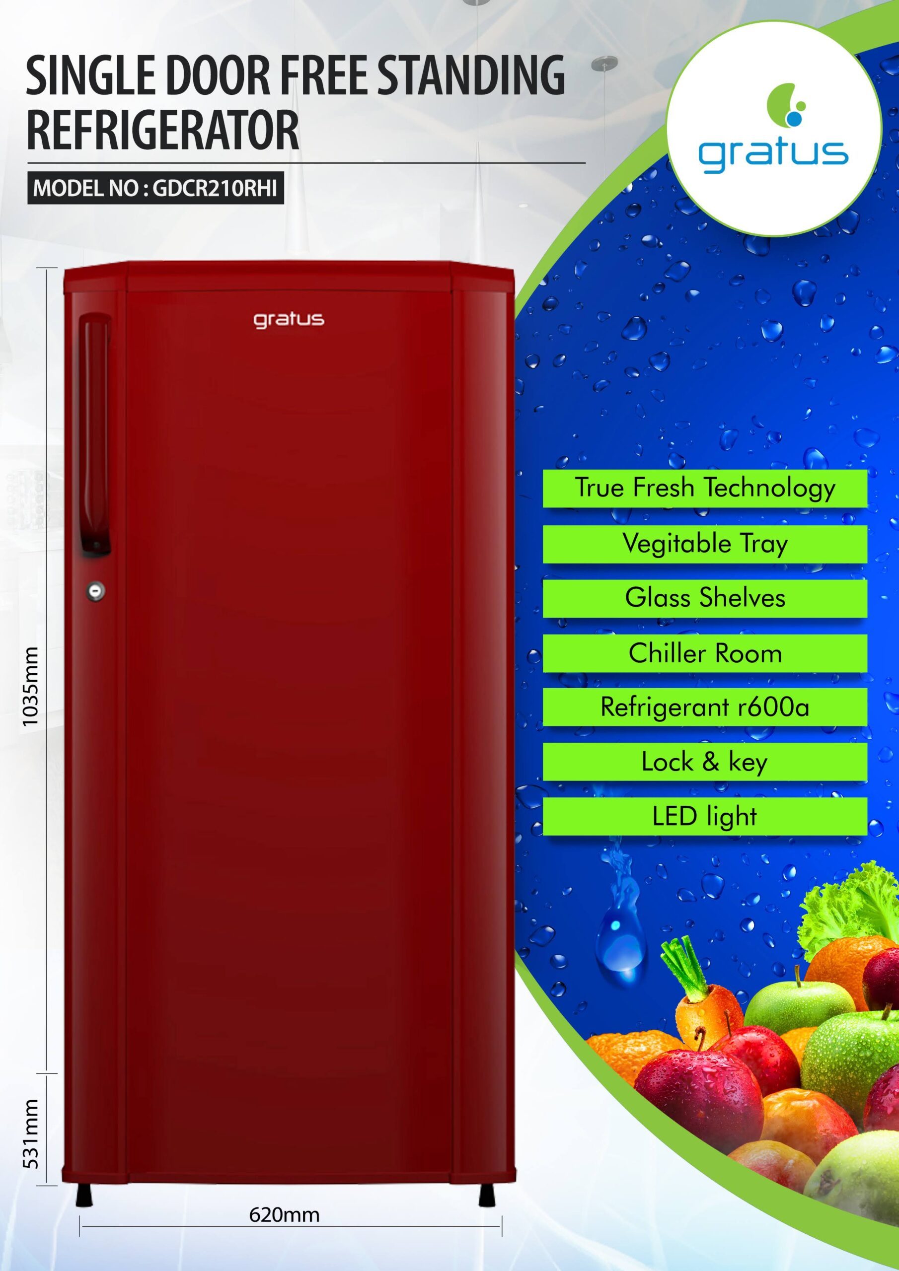 Gratus Single Door Refrigerator (Maroon color) image 11