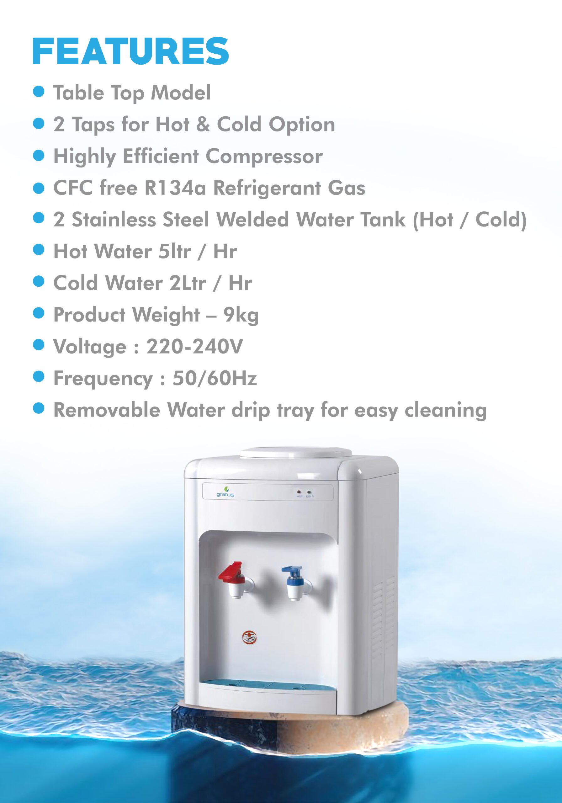 Gratus 2 Tap Hot & Cold Tabletop Water Dispenser (White) – GWD520ZCTTW image 6
