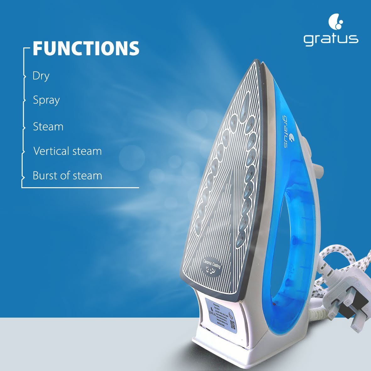 Gratus 1200W Steam Iron with Ceramic Soleplate – GSI1200UC image 3