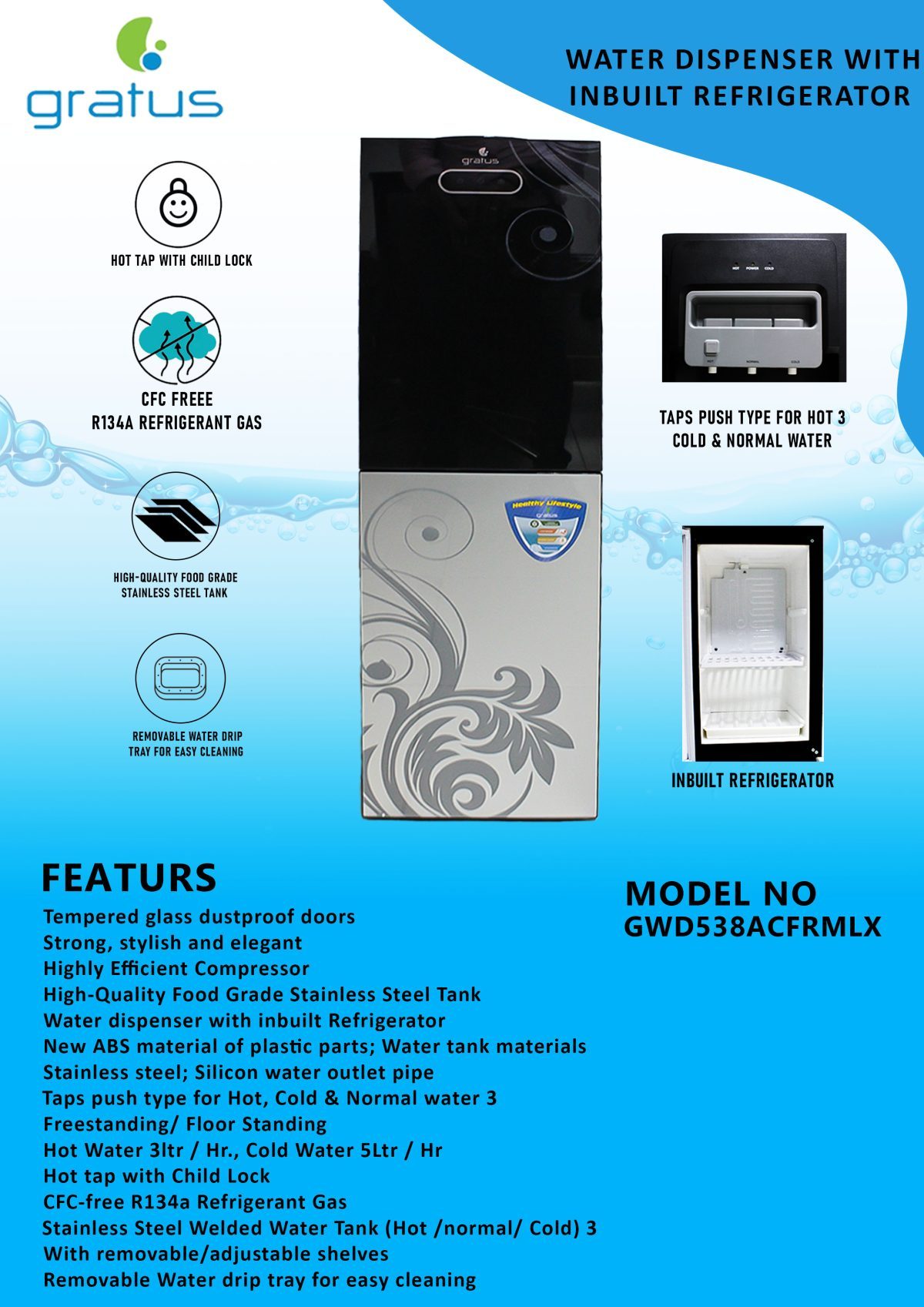 Gratus Hot & Cold 2 Tap Floor Standing Top Loading Water Dispenser With Refrigerator image 2