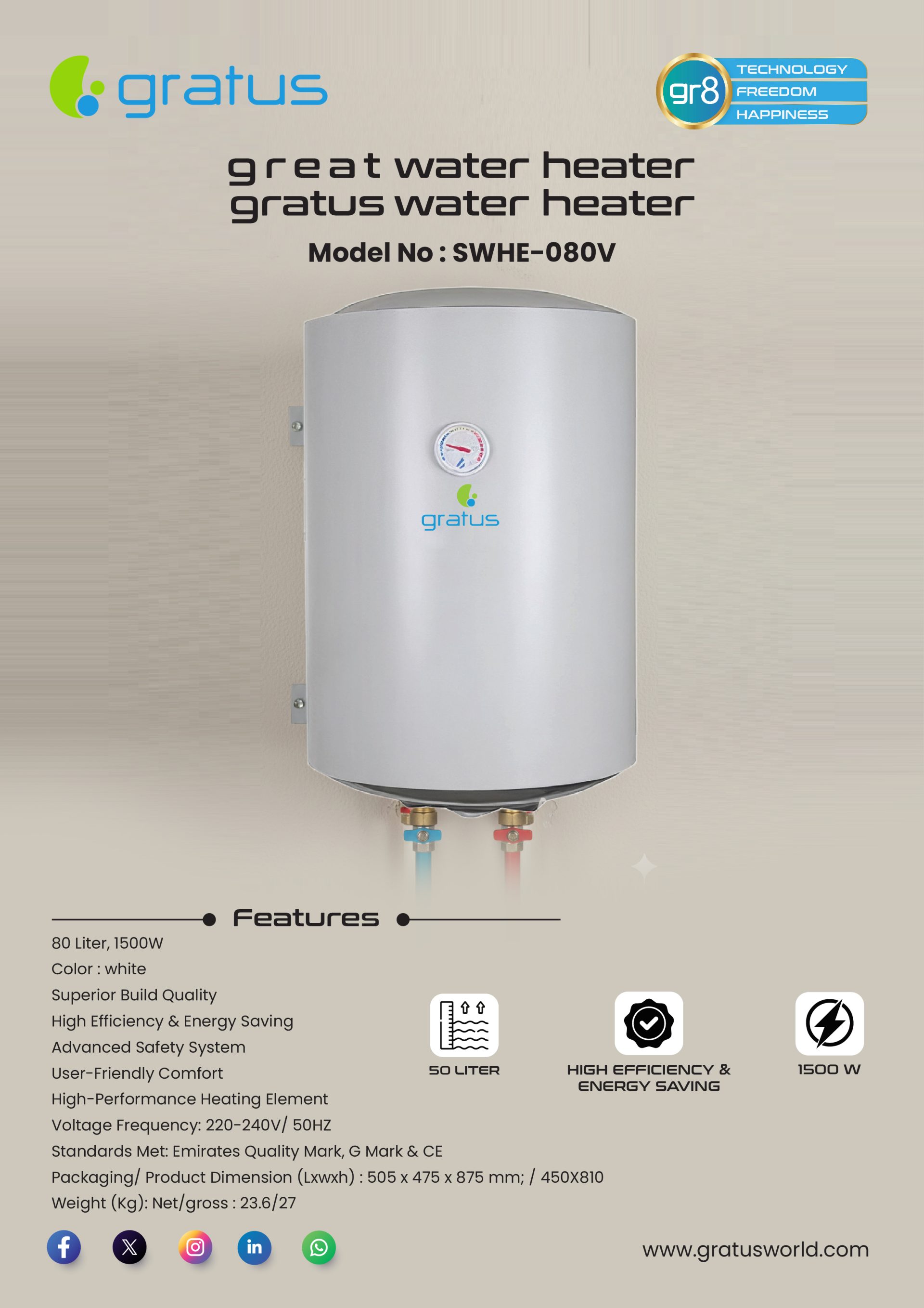 Gratus 80L Vertical Electric Water Heater product detail image
