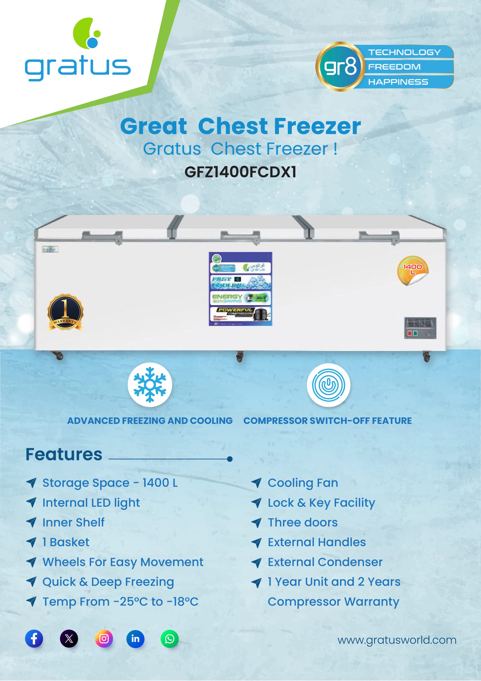 Gratus 1400 L - Super-Quiet Tropicalized Jumbo Chest Freezer with Three doors product detail image