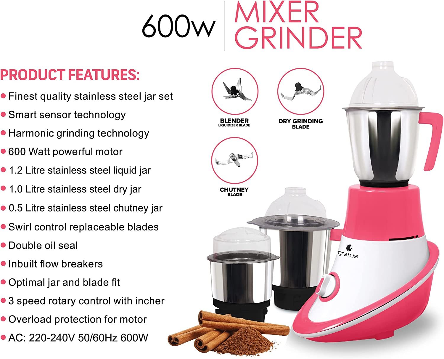 Gratus 600W Mixer Grinder with 3 Stainless Steel Jars & Overload Protection image 6