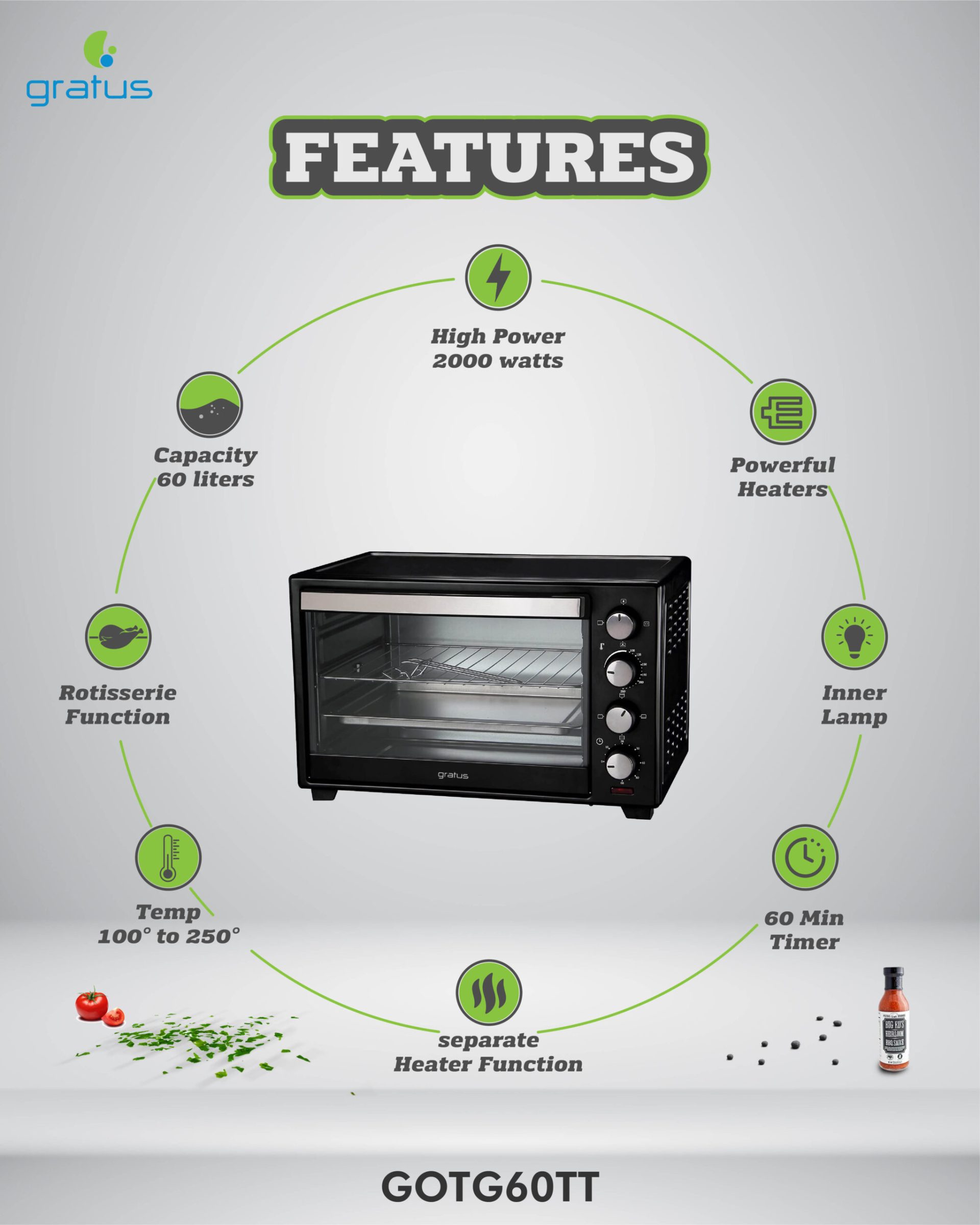 Gratus 60L Electric Oven Toaster Grill with Rotisserie image 2