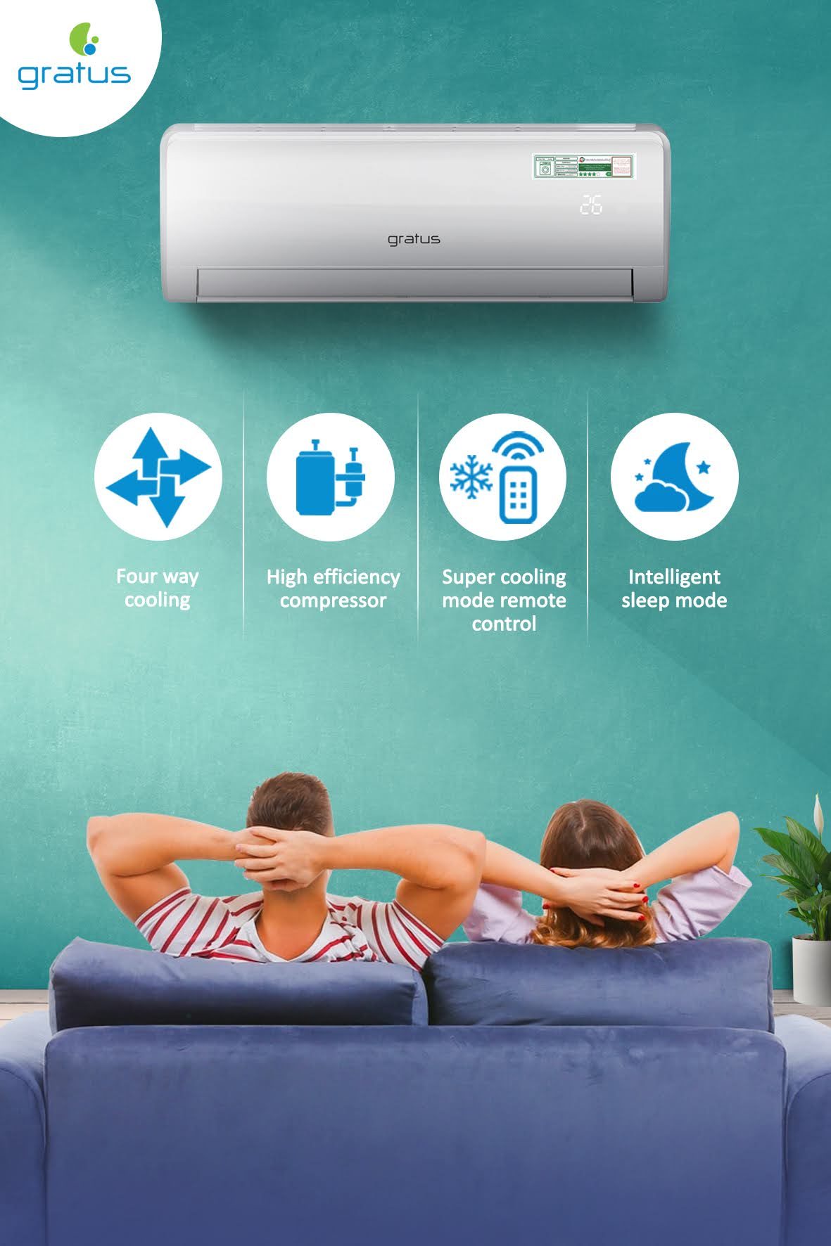 Gratus 36000 BTU 3 Ton 4-Way Cooling Split Air Conditioner | T3 Tropicalized Heavy-Duty Rotary Compressor | R410A Refrigerant | GSACR36S1A product detail image