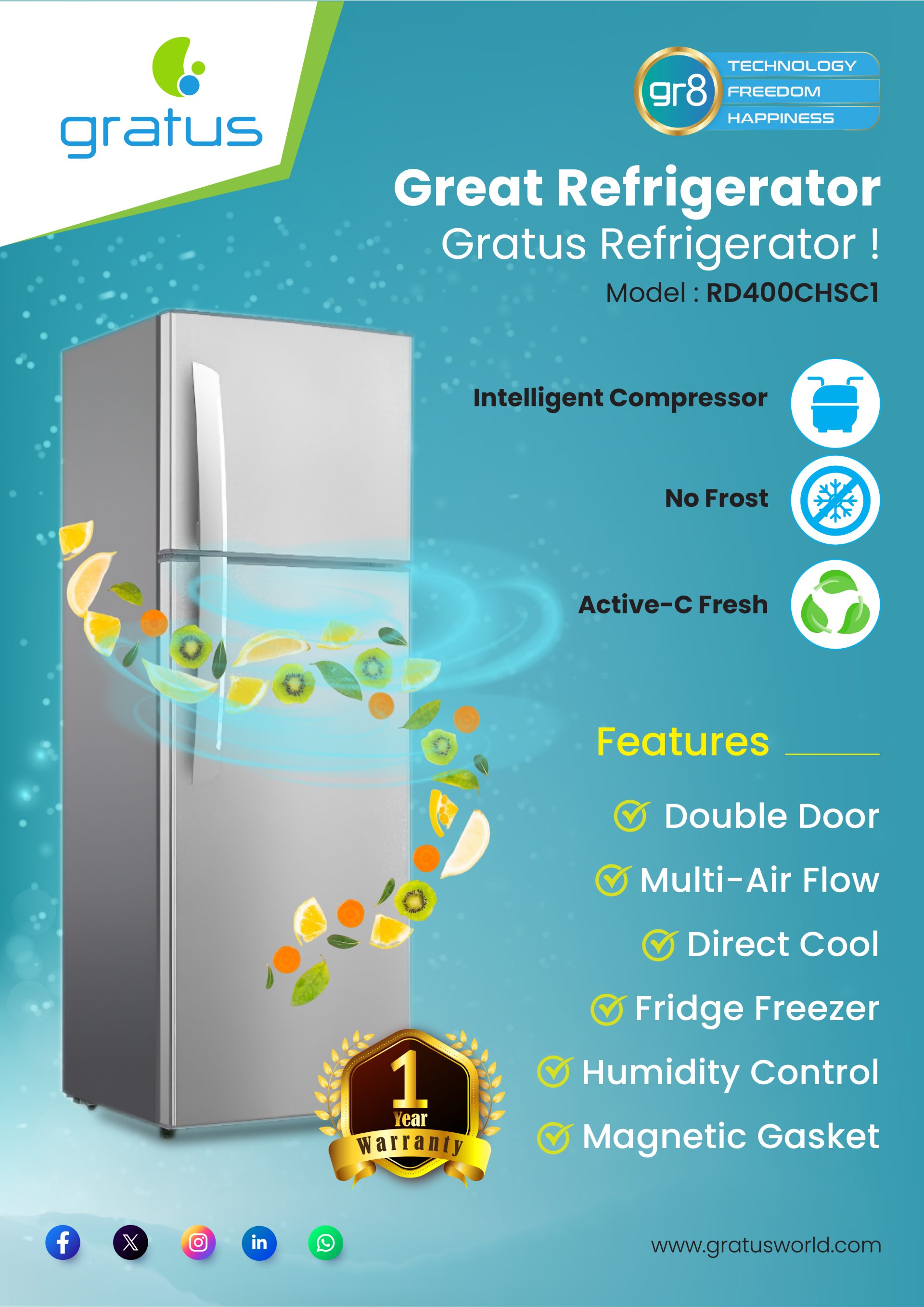 Gratus RD400CHSC1 Top Mount Double Door Refrigerator image 4