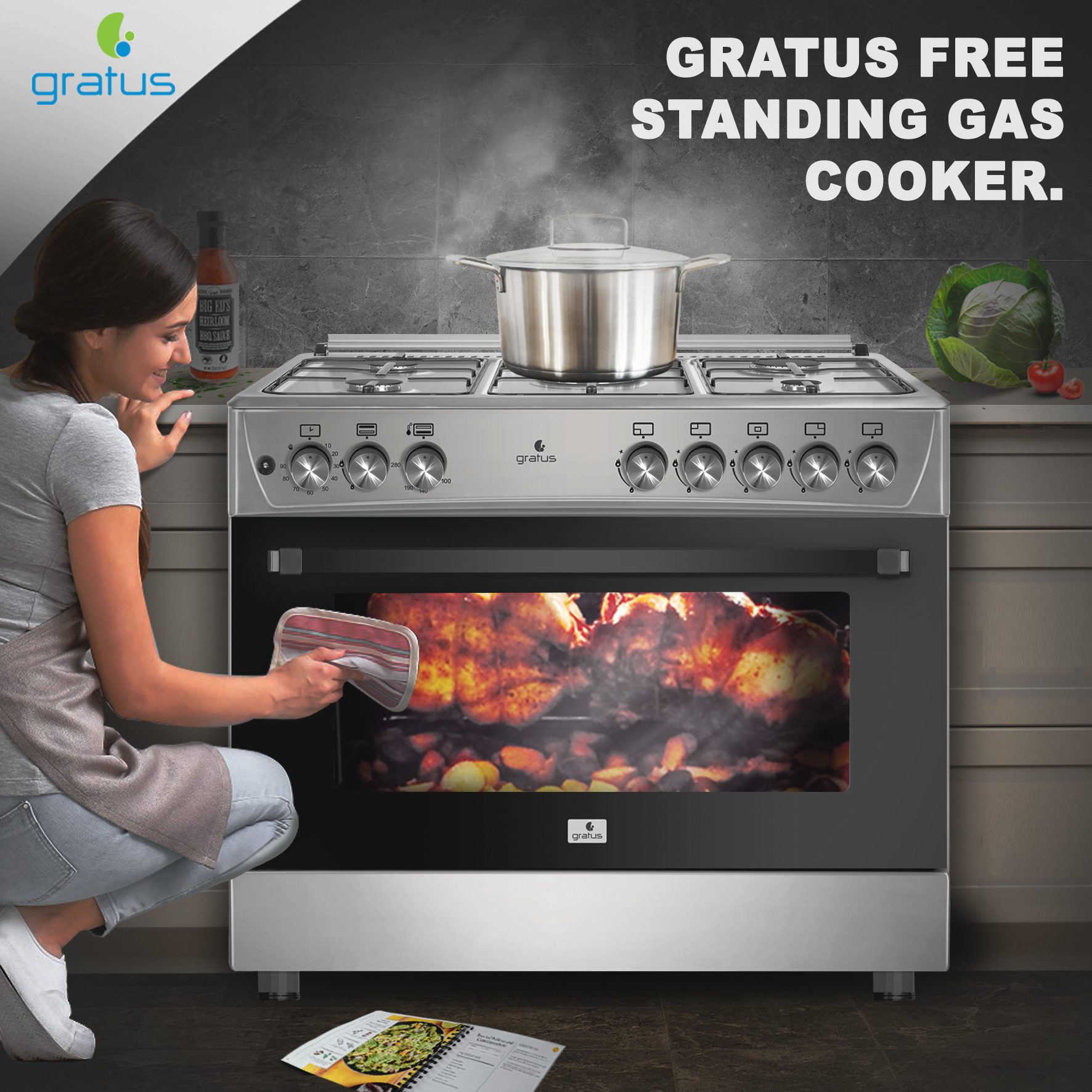 Gratus 90×60cm 5 Burner Free Standing Full Gas Cooker with XXL 147L Gas Oven image 8