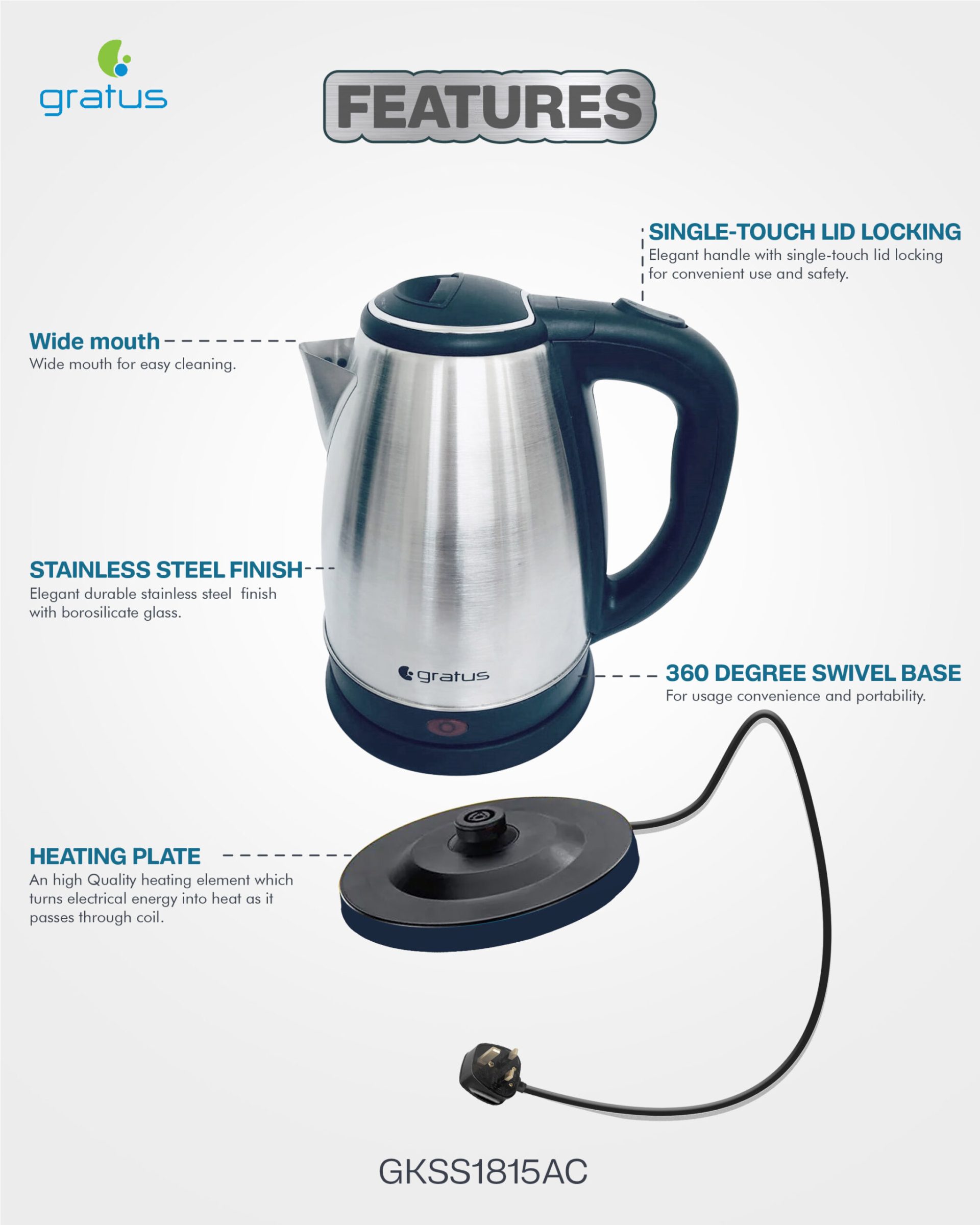 Gratus 1.8L Stainless Steel Electric Kettle with Auto Shut Off & Cordless Base – GKSS1815AC image 3