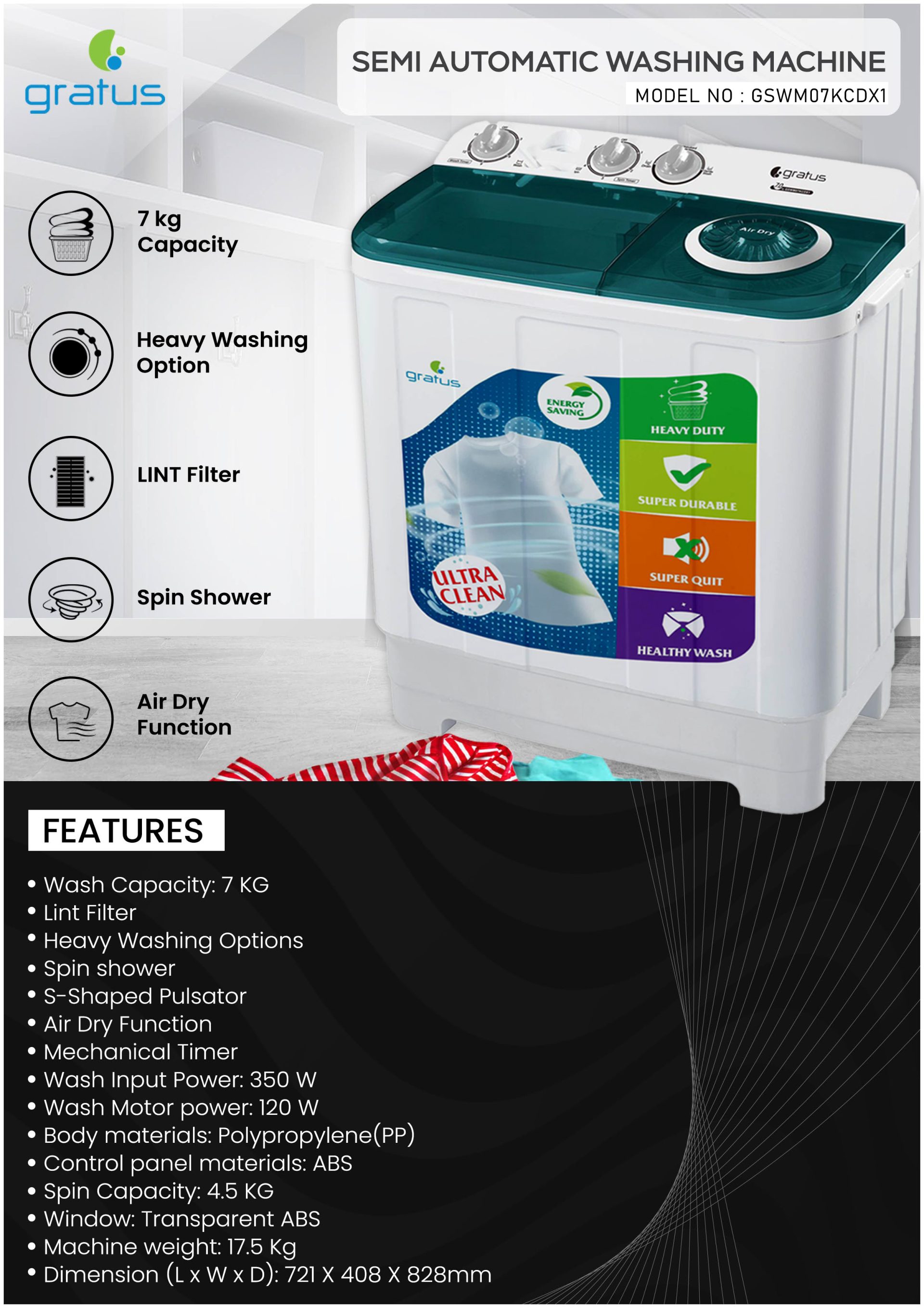 Gratus 7 KG Top Load Semi-Automatic Washing Machine with Spin Dry – GSWM07KCDX1 image 3