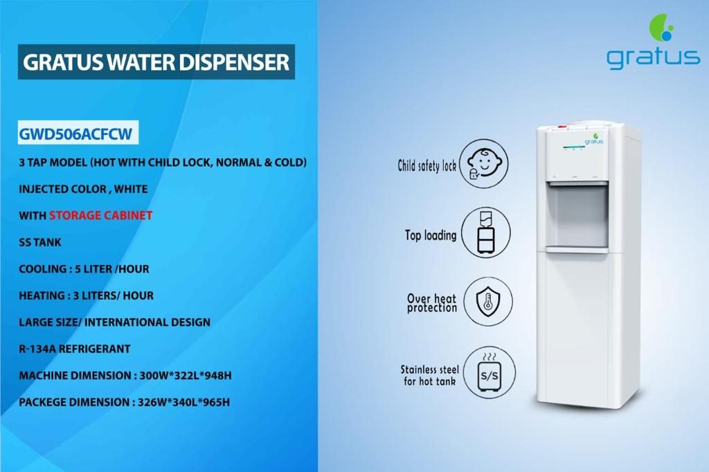 Gratus Hot & Cold 3 Tap Water Dispenser With Storage Cabinet White - Water Dispenser by Gratus