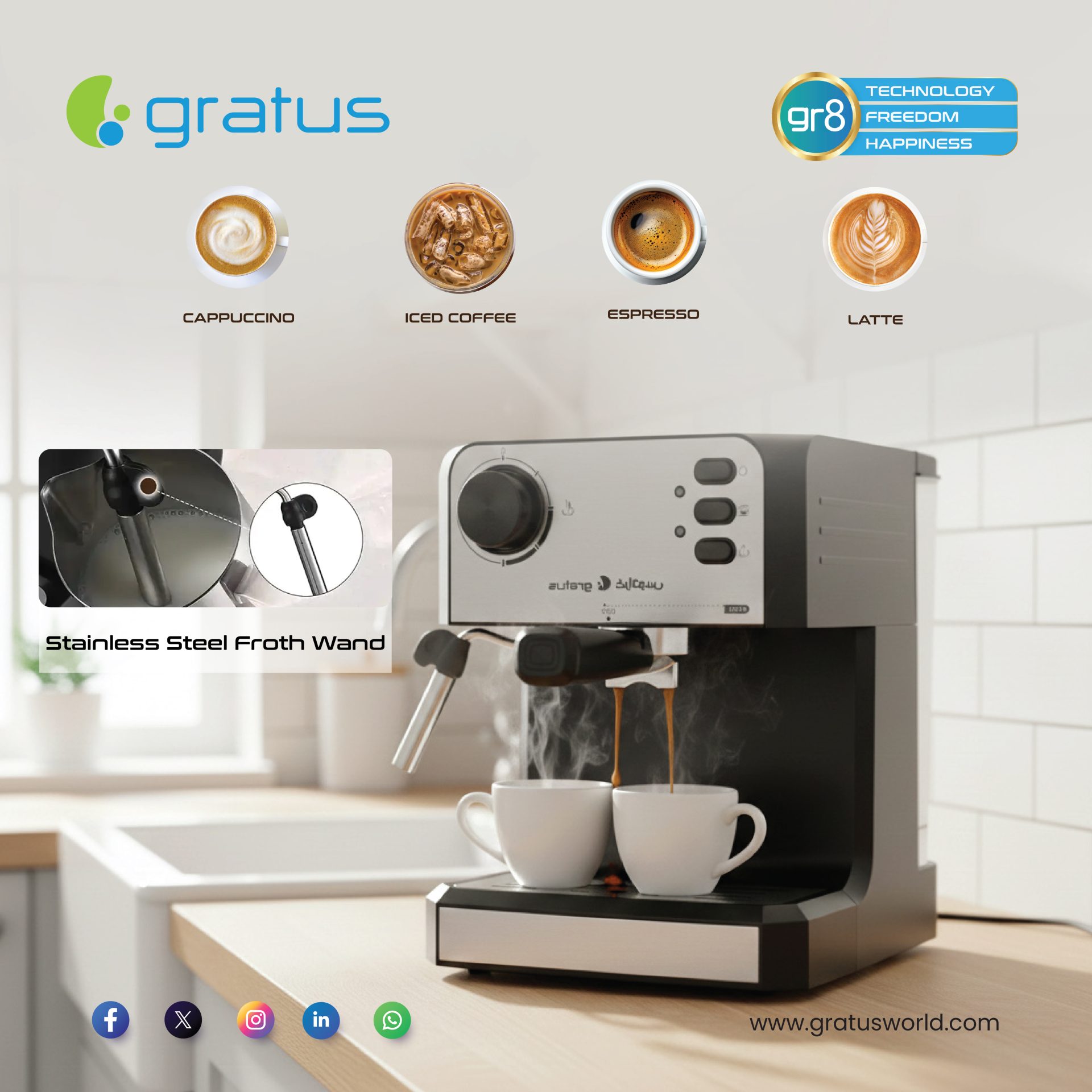Gratus Semi-Automatic Espresso Coffee Machine | 20-Bar High-Pressure Pump | 1.6L Water Tank | GCM619EXFS image 3