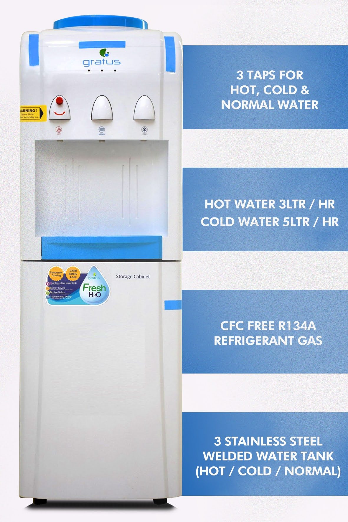 Gratus Top Load Hot & Cold Water Dispenser with Refrigerator product detail image