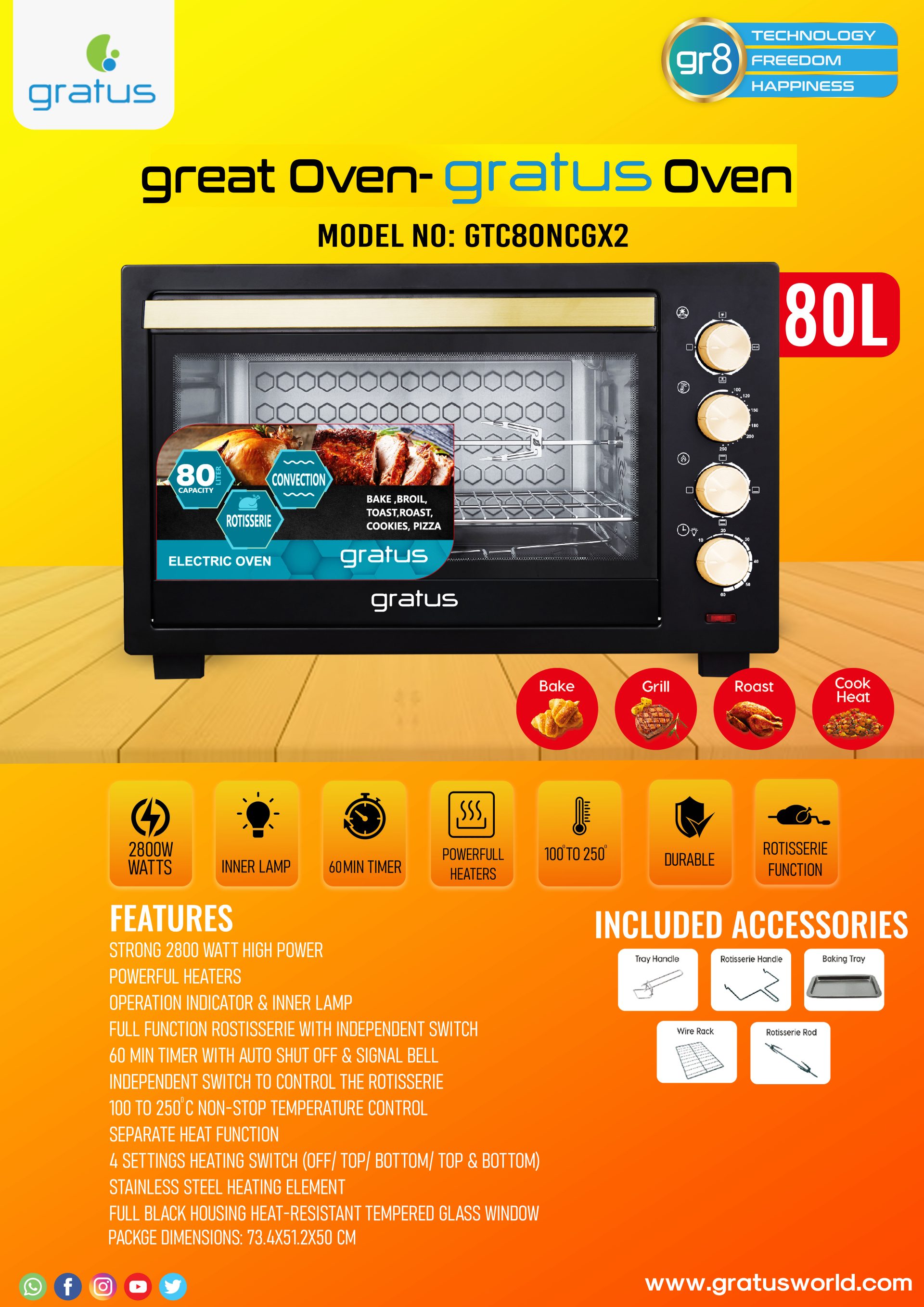 Gratus 80L 2800W Electric Oven Toaster Grill with Rotisserie image 4