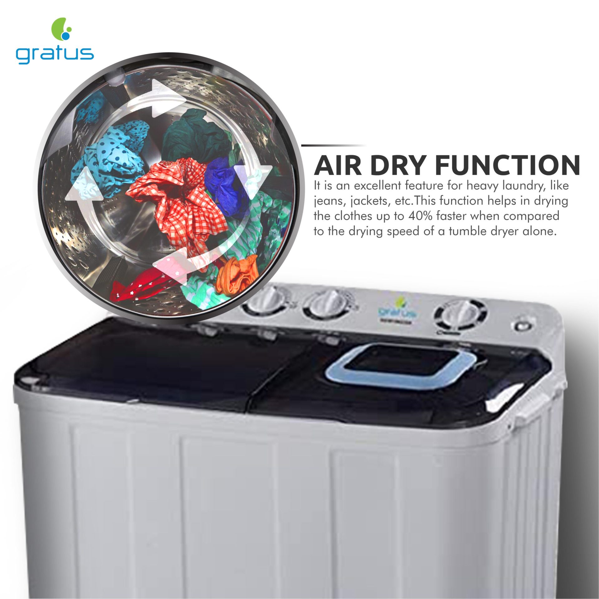 Gratus 7 KG Giant Series Semi-Automatic Top Load Twin Tub Washing Machine (White/Transparent Black) – GSW7KCDX image 4