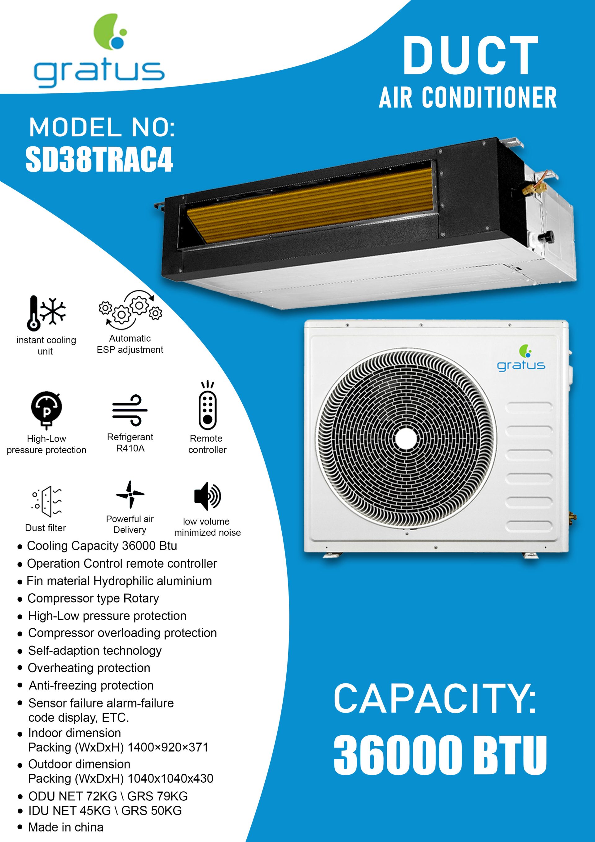 Gratus 3 Ton Duct Type Air Conditioner | T3 Tropicalized | Heavy-Duty Cooling | SD38TRAC4 product detail image