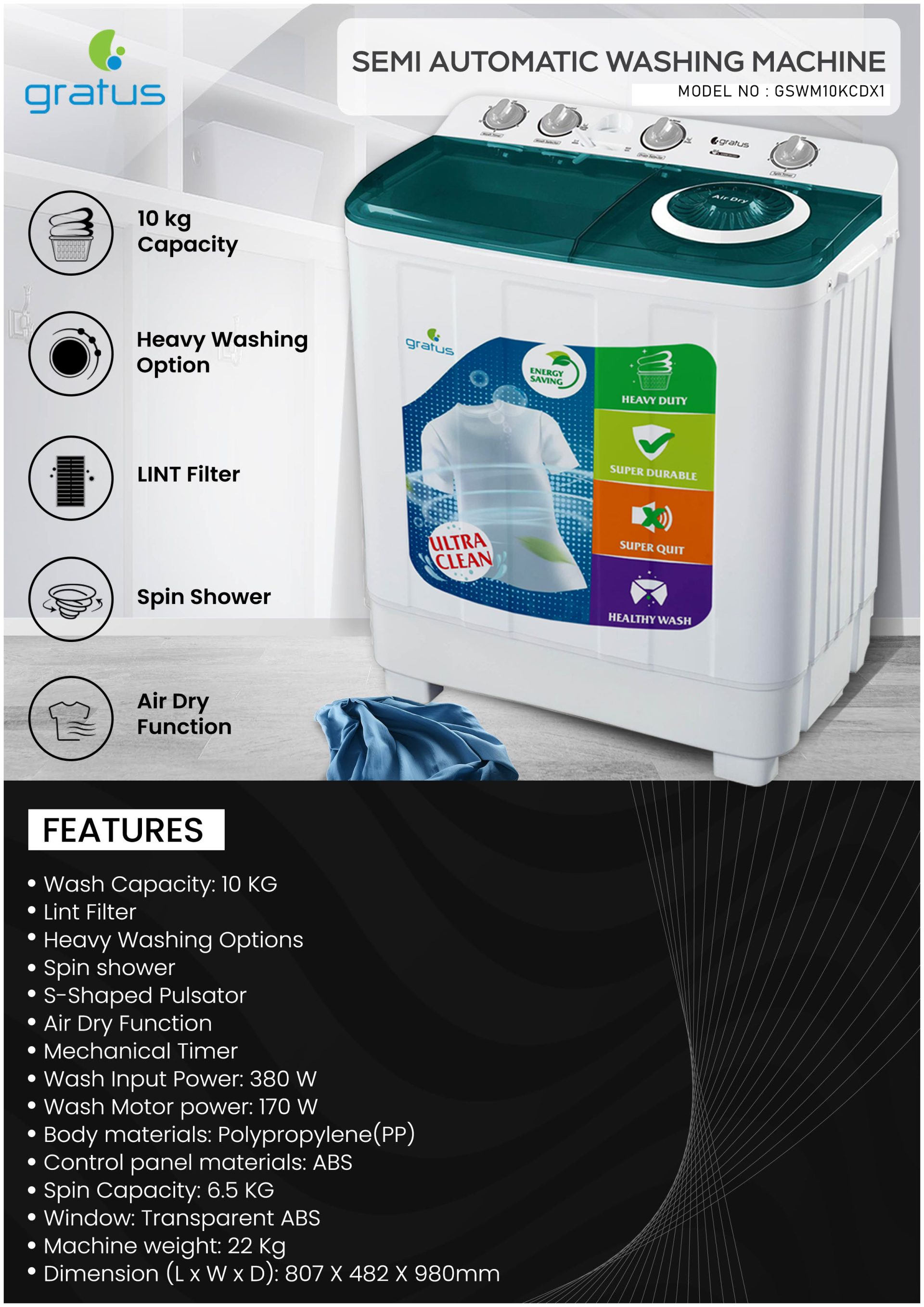Gratus 10 KG Top Load Semi-Automatic Washing Machine (White) image 3