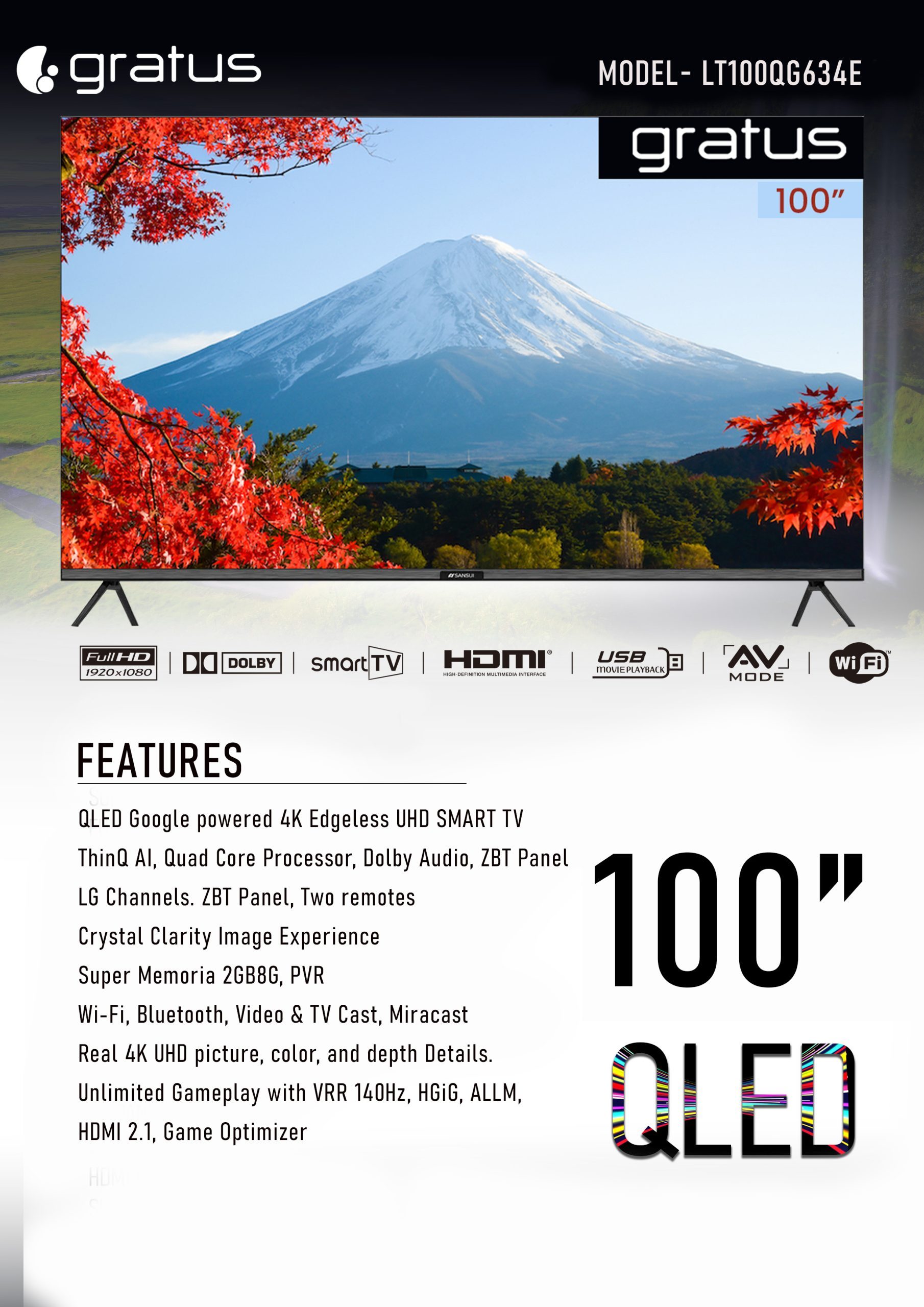 Gratus 100″ QLED WebOS powered 4K Edgeless UHD SMART TV with ThinQ AI product detail image