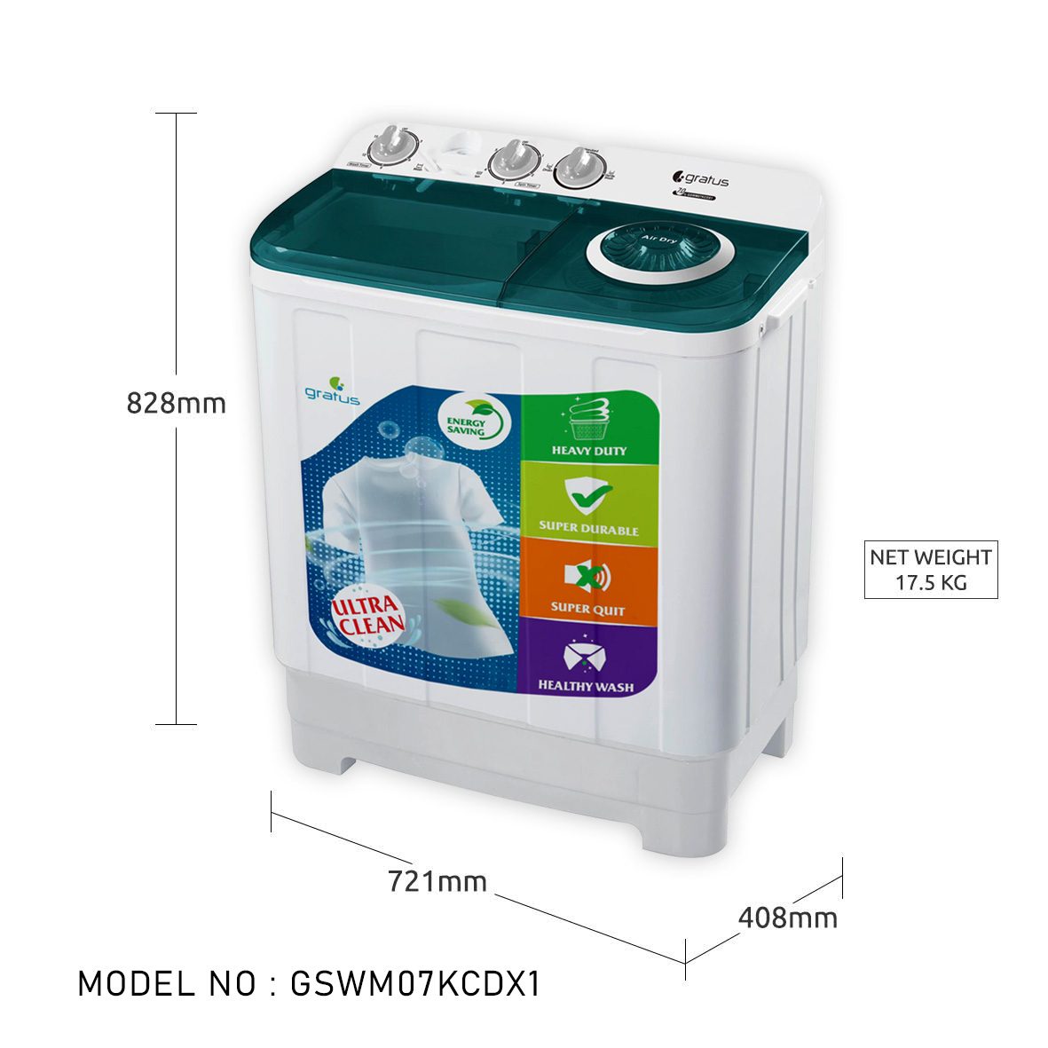 Gratus 7 KG Top Load Semi-Automatic Washing Machine with Spin Dry – GSWM07KCDX1 image 8
