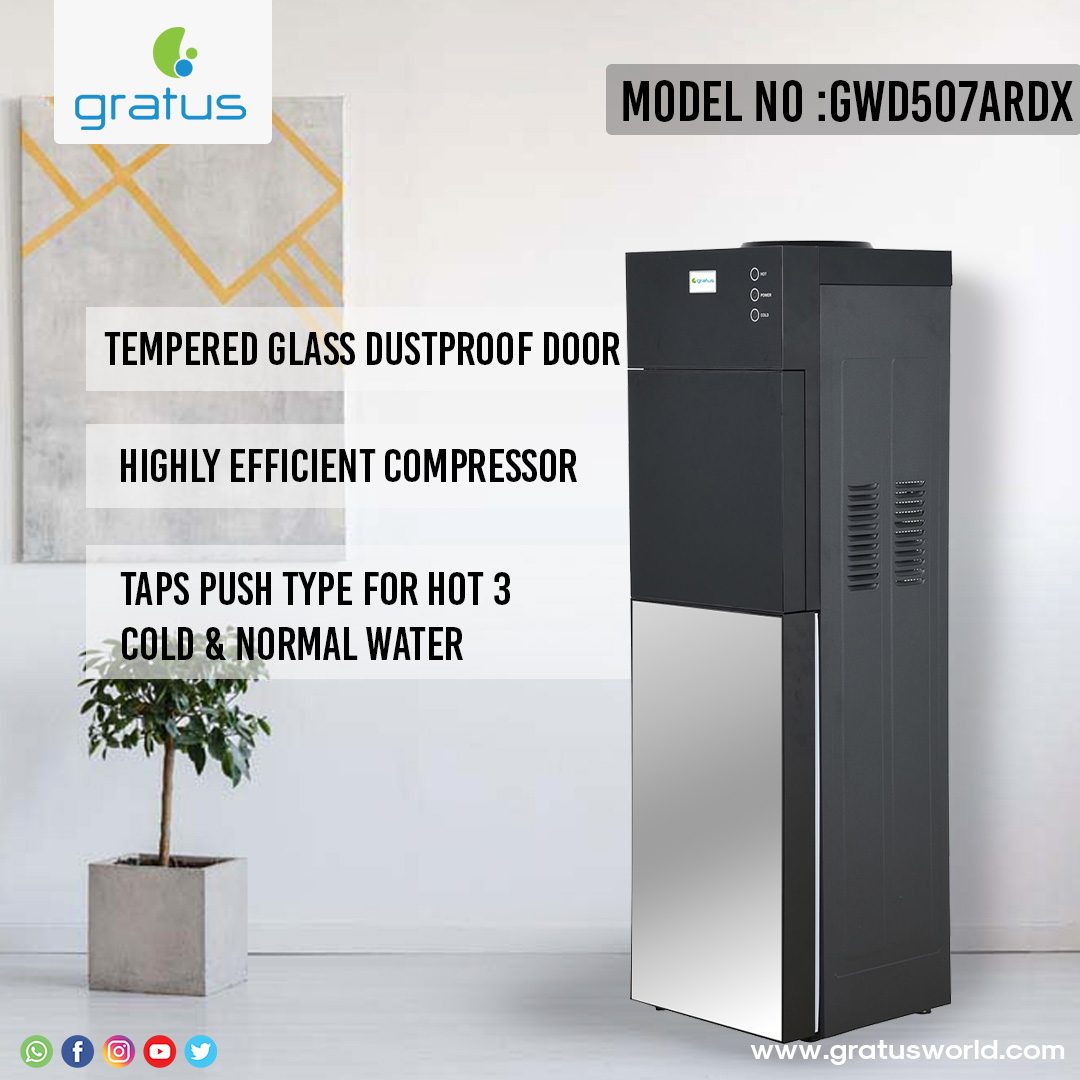 Gratus Glass Door Top Load Floor Standing 3 Tap Water Dispenser With Inbuilt Refrigerator (Glass Panel SILVER & BLACK) image 5