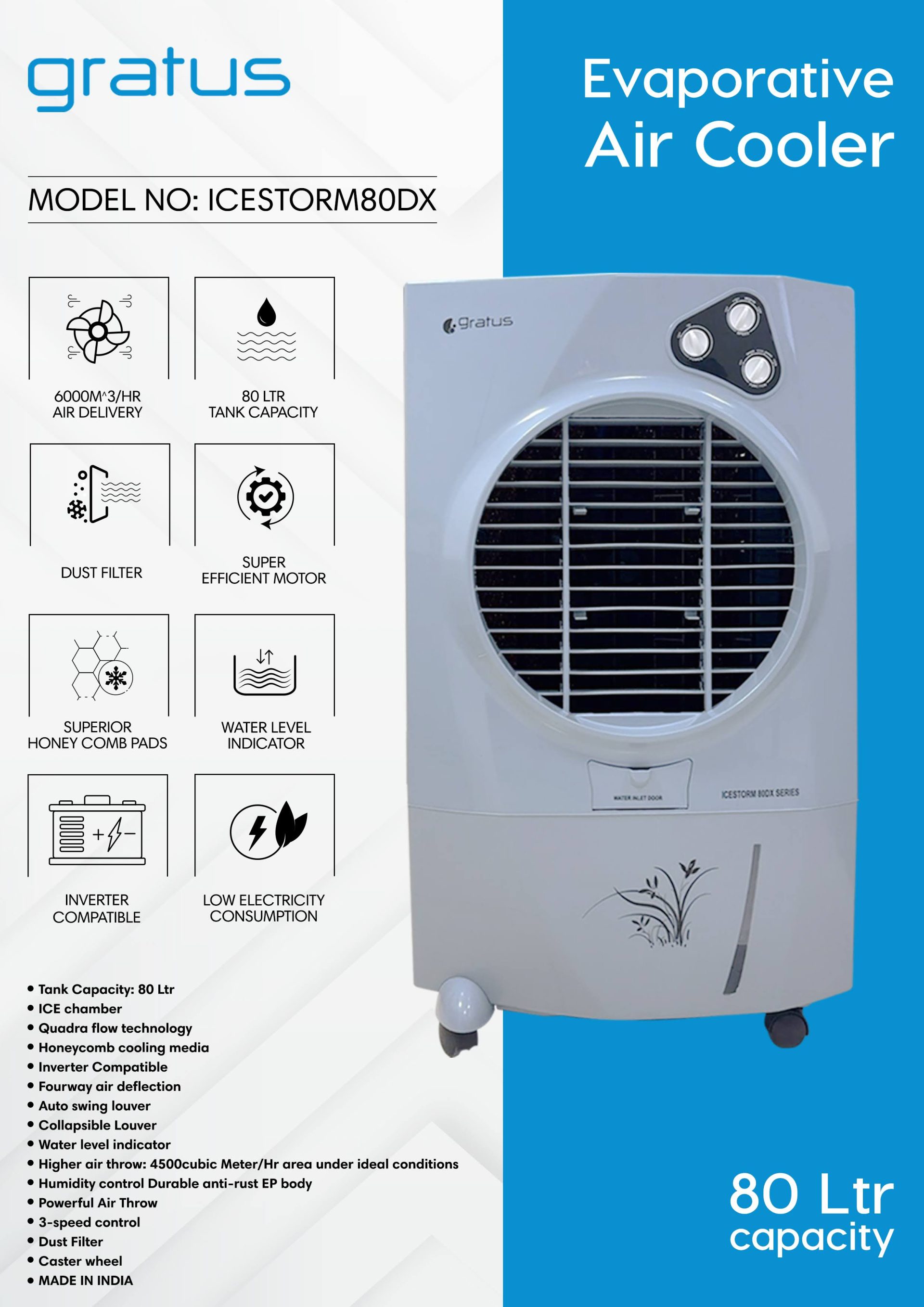 Gratus IceStorm80DX 80L Evaporative Air Cooler with Ice Chamber image 7