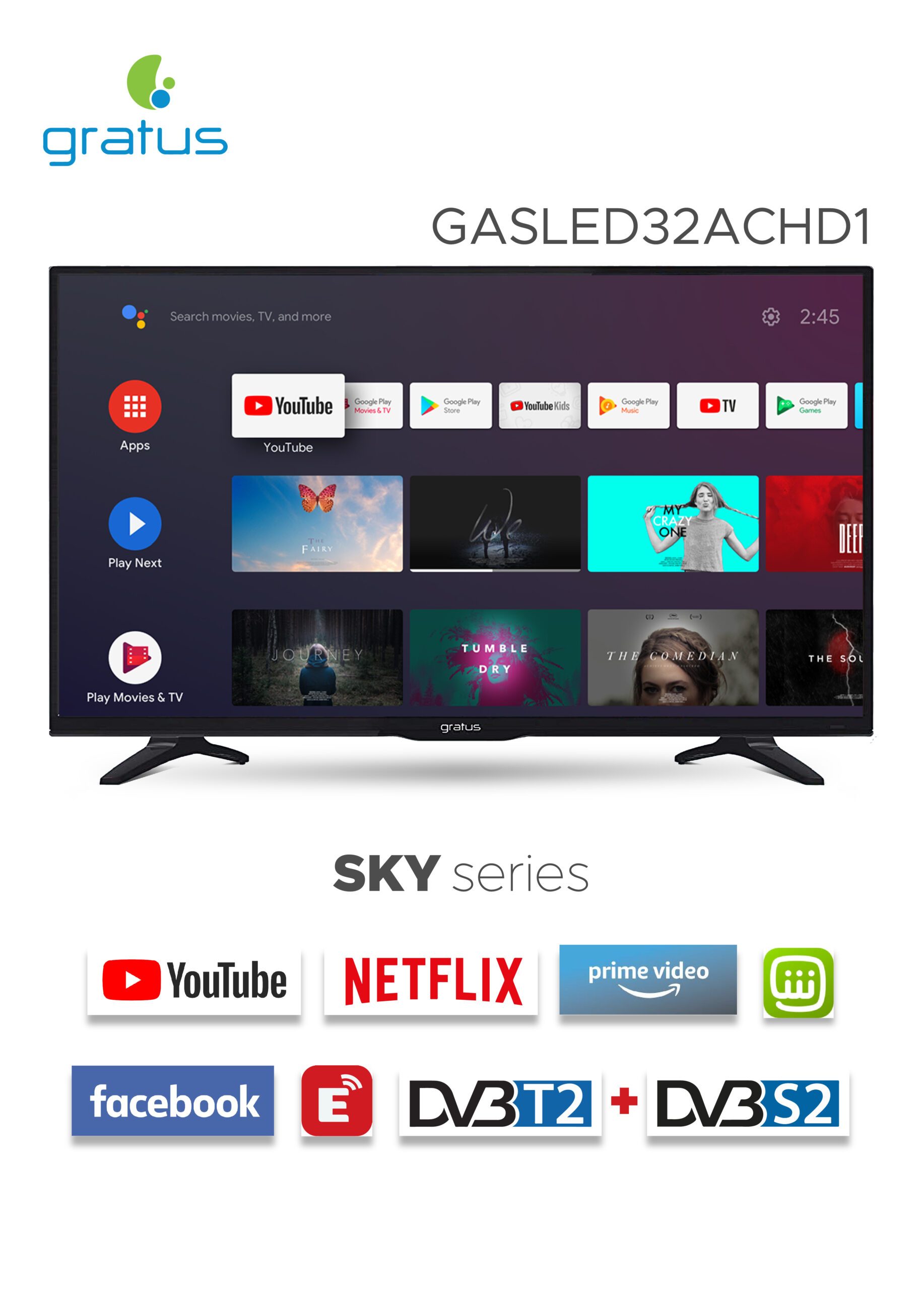 Gratus 32" HD Smart LED TV with Android 9.0 image 3