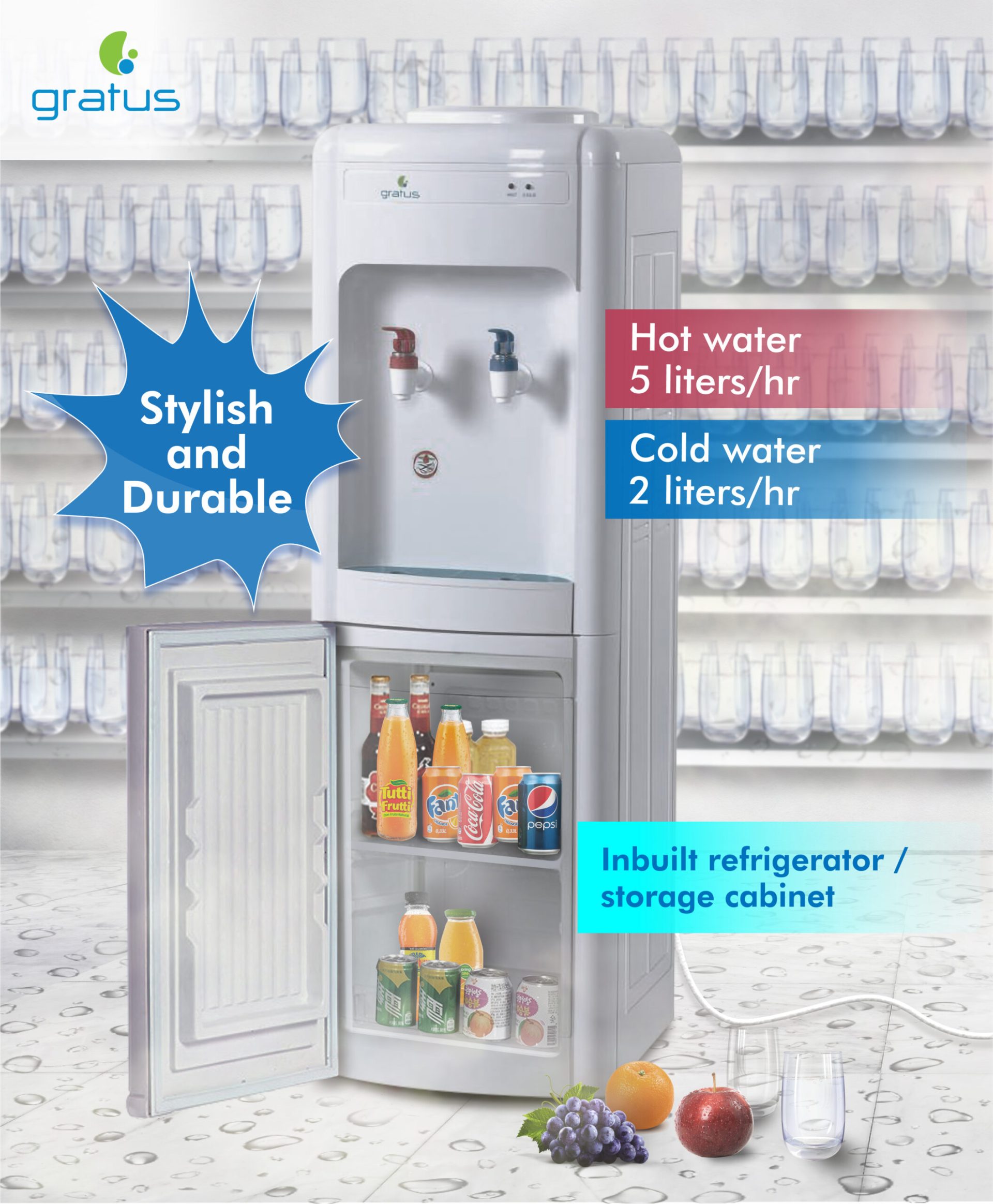 Gratus 2 Tap Hot & Cold Water Dispenser with Refrigerator (White) – GWD520ZCFRW image 4
