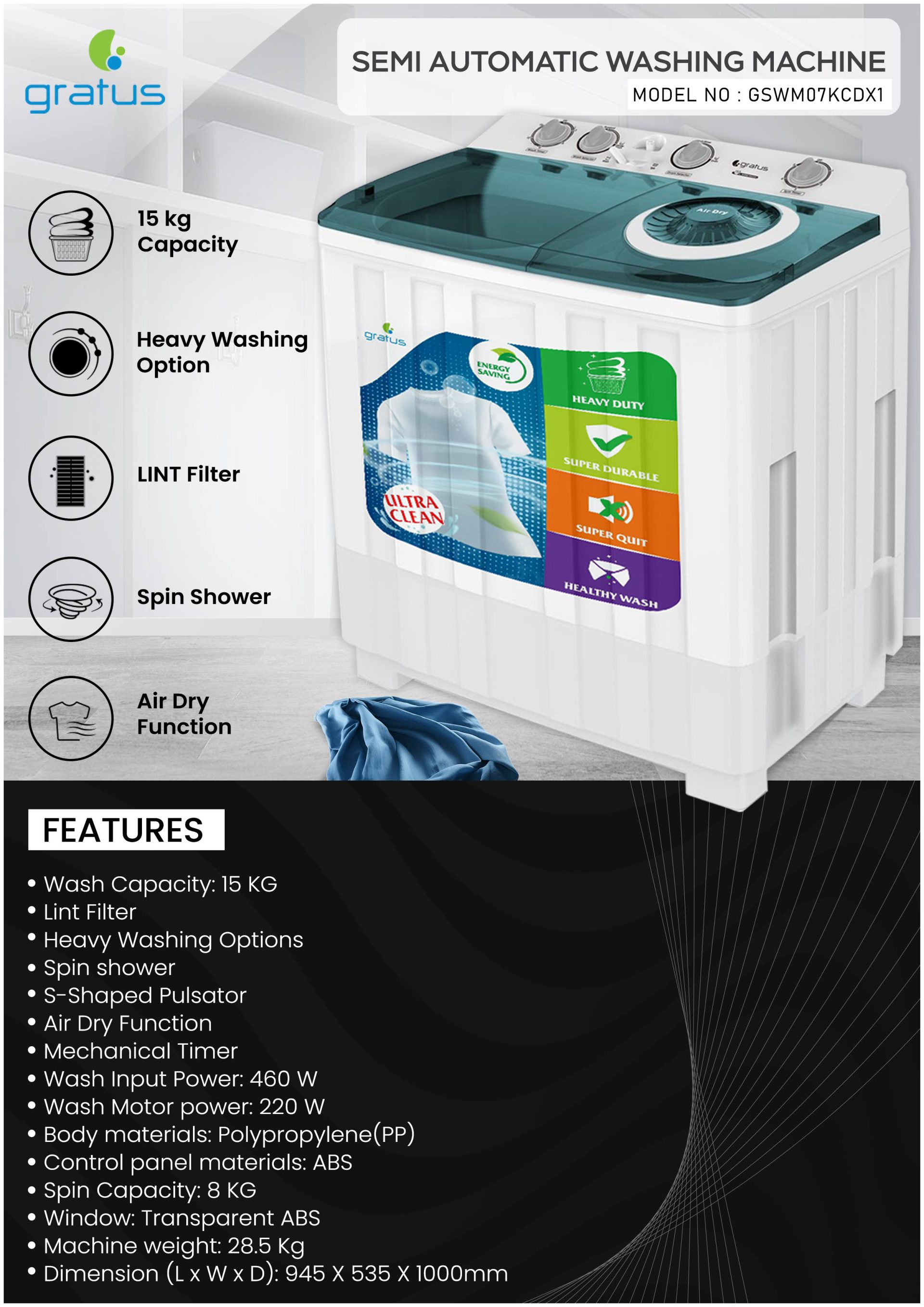 Gratus 15 KG Top Load Semi-Automatic Washing Machine (White) image 3